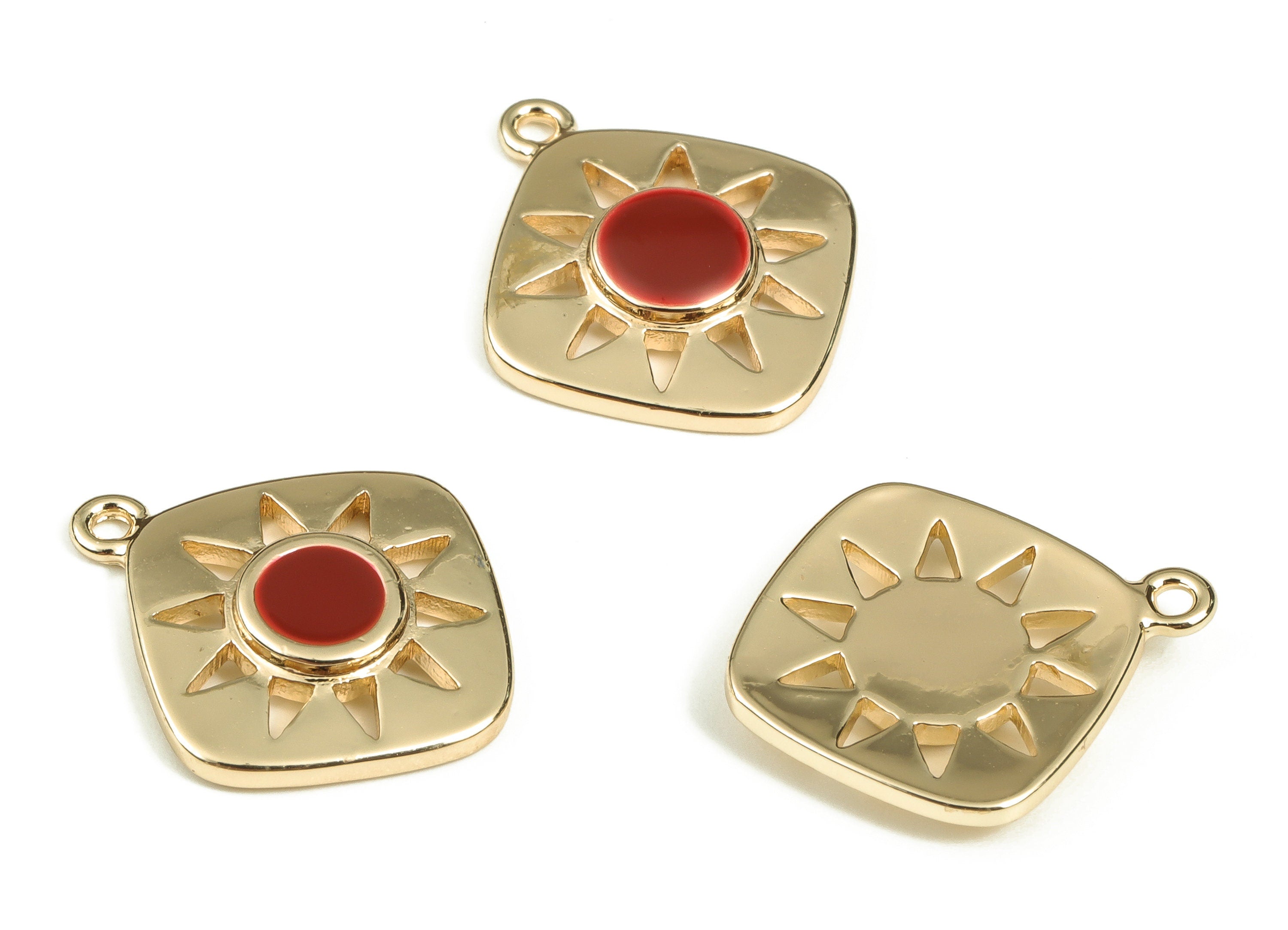 Brass Square Earring Charms - Gold Sun Pendant Charm - Enamel Charms - 18K Gold Plated Brass - Jewelry Supplies -16.5x14.2x2.6mm- RGP3528E - DOMEDBAZAAR