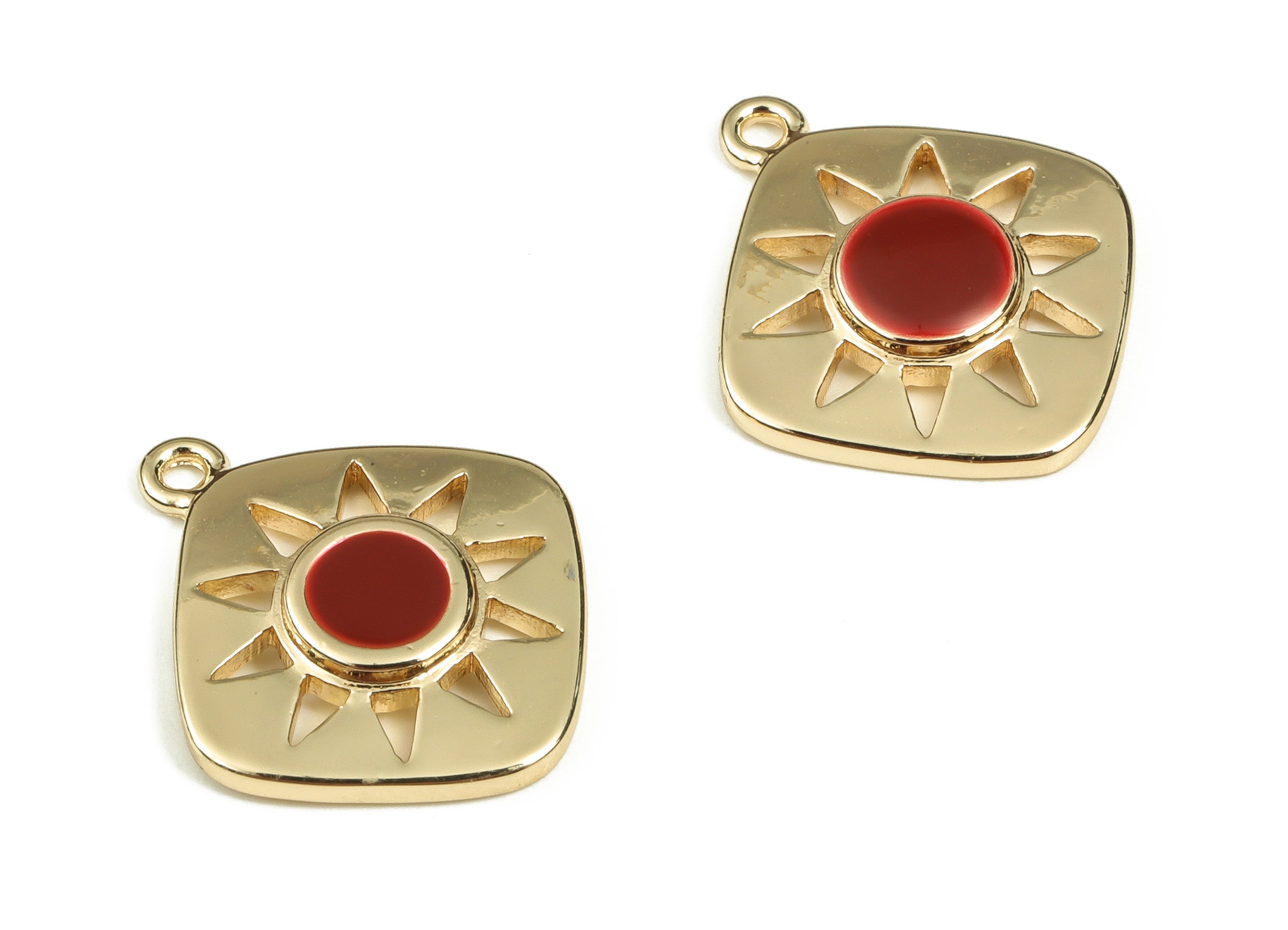 Brass Square Earring Charms - Gold Sun Pendant Charm - Enamel Charms - 18K Gold Plated Brass - Jewelry Supplies -16.5x14.2x2.6mm- RGP3528E - DOMEDBAZAAR