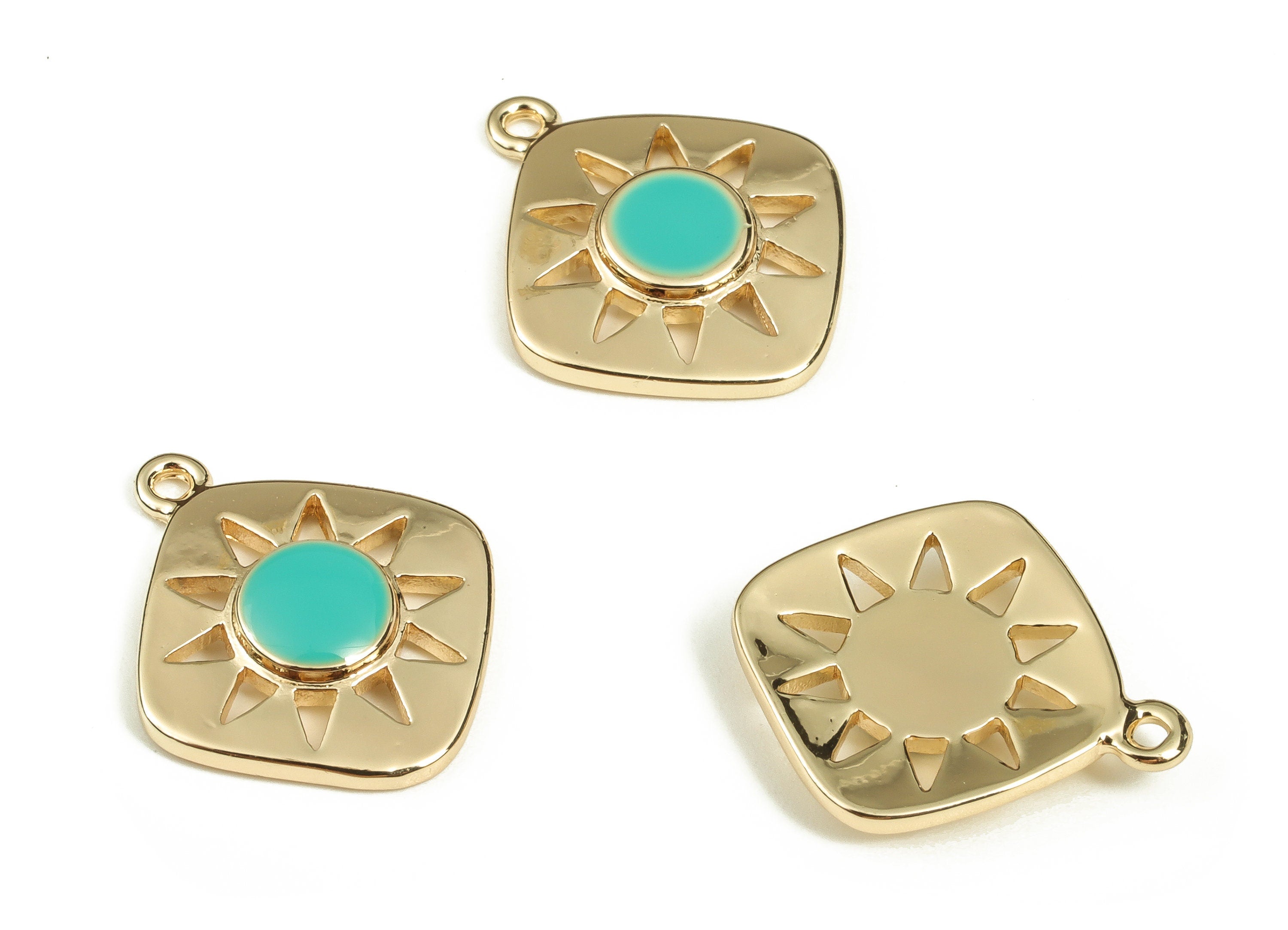 Brass Square Earring Charms - Gold Sun Pendant Charm - Enamel Charms - 18K Gold Plated Brass - Jewelry Supplies -16.5x14.2x2.6mm- RGP3528G - DOMEDBAZAAR