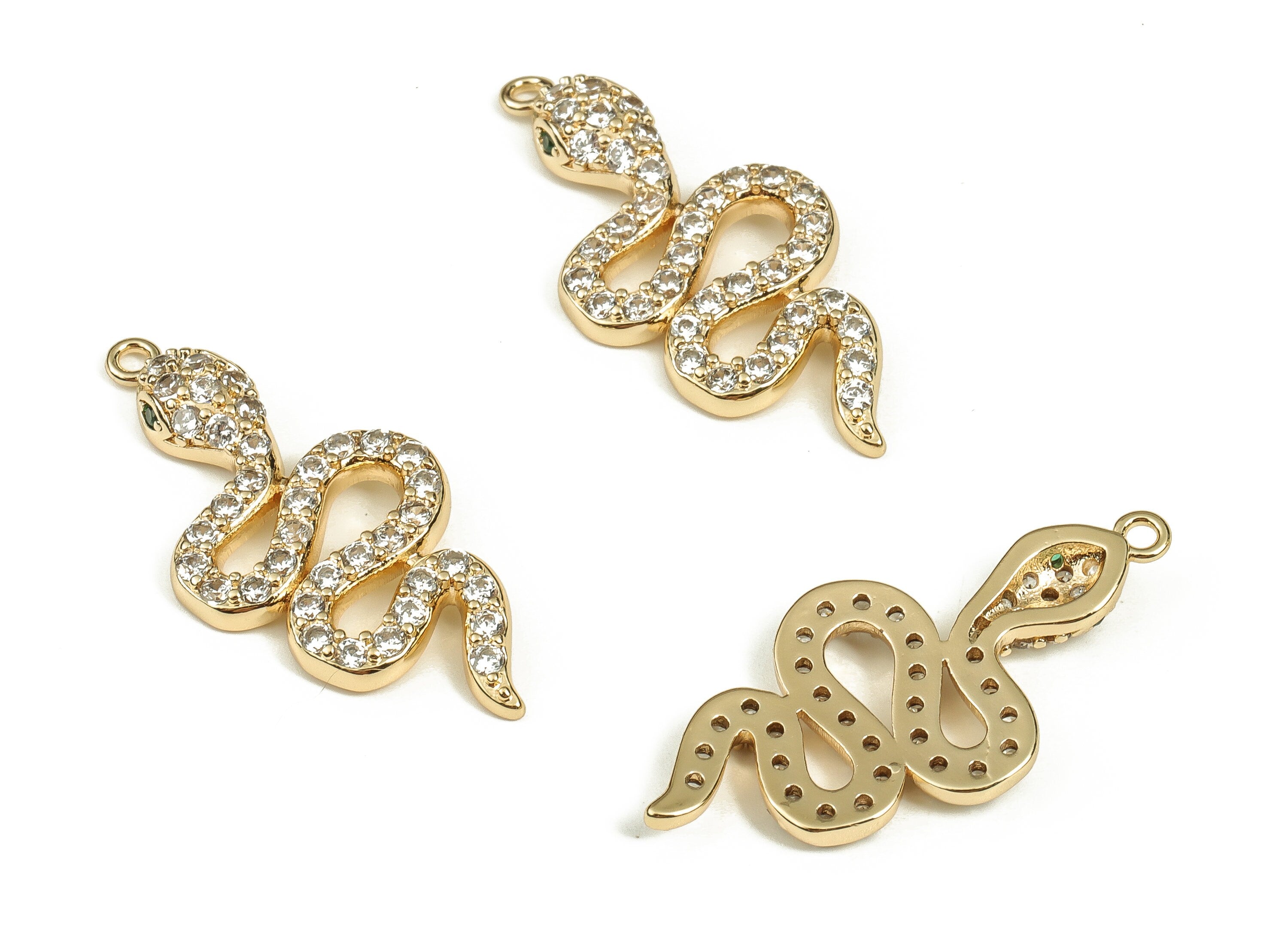 Brass Snake Earring Charms With Zircons - Gold Snake Pendant - 18K Real Gold Plated Brass - Jewelry Supplies - 30.46x13.93x3.38mm - RGP3555 - DOMEDBAZAAR