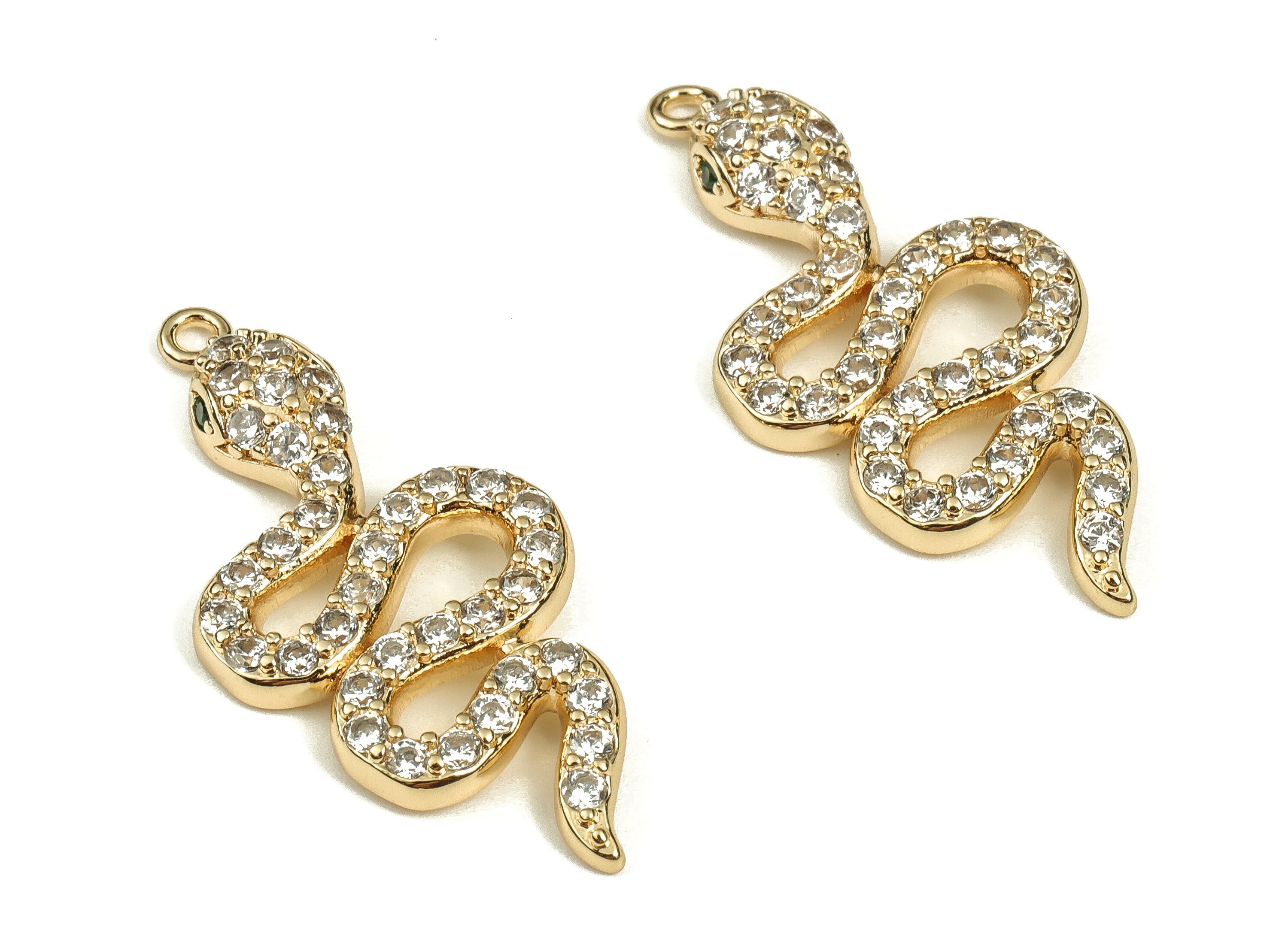 Brass Snake Earring Charms With Zircons - Gold Snake Pendant - 18K Real Gold Plated Brass - Jewelry Supplies - 30.46x13.93x3.38mm - RGP3555 - DOMEDBAZAAR