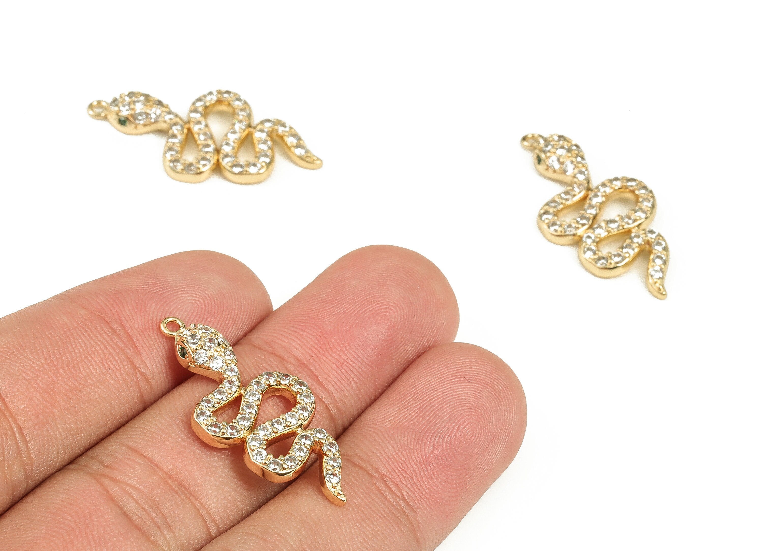 Brass Snake Earring Charms With Zircons - Gold Snake Pendant - 18K Real Gold Plated Brass - Jewelry Supplies - 30.46x13.93x3.38mm - RGP3555 - DOMEDBAZAAR