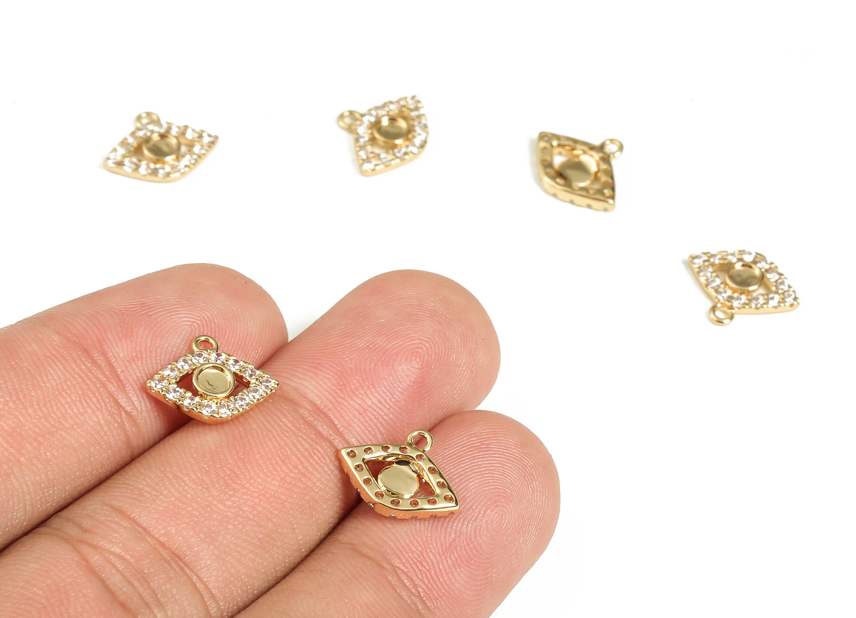 Brass Eye Earring Charms With Zircons - Gold Eye Pendant - 18K Real Gold Plated Brass - Jewelry Making Supplies - 10.16x12.6x2mm - RGP3476 - DOMEDBAZAAR