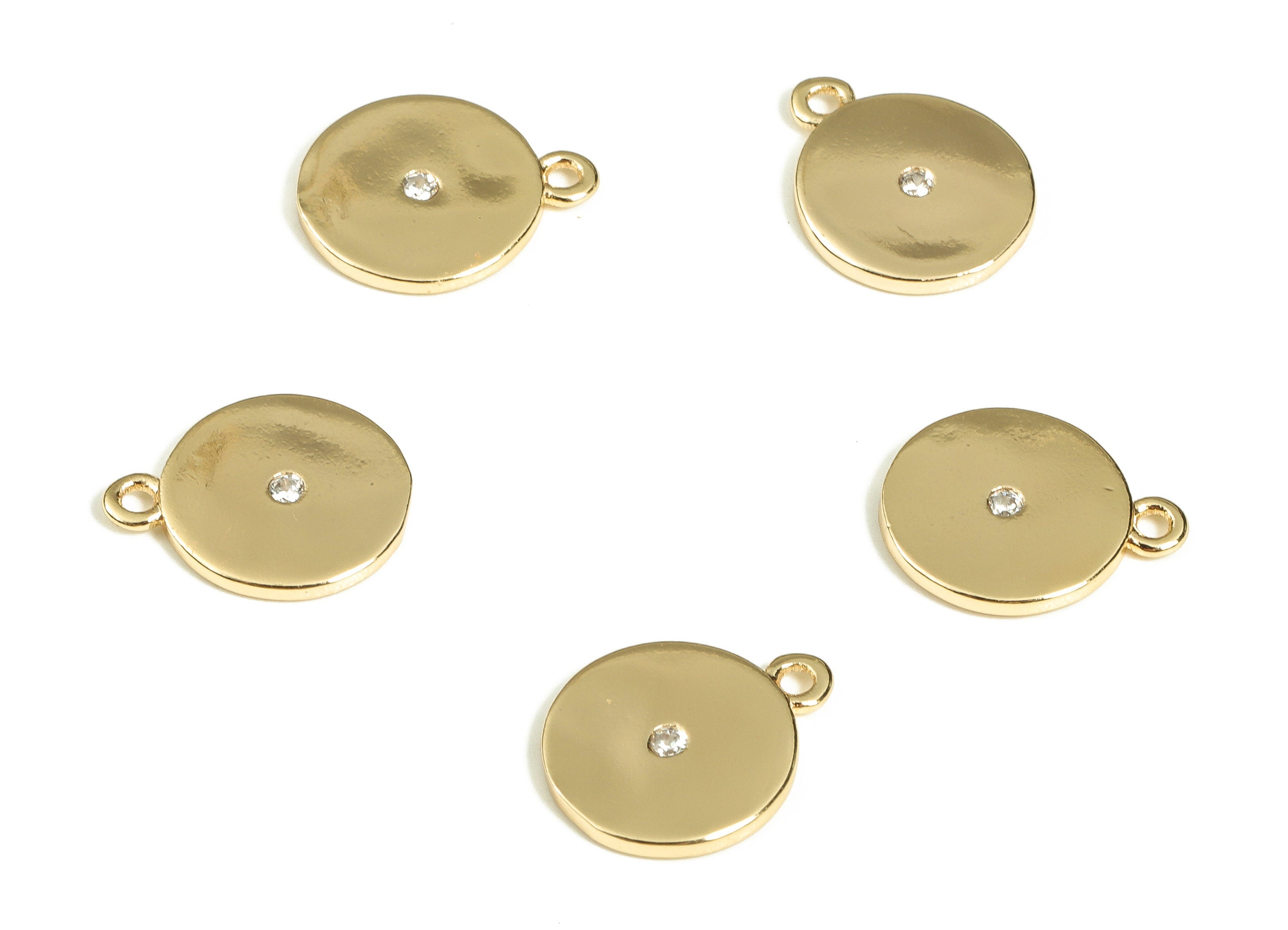 Brass Round Earring Charms With Zircon - Gold Circle Pendant - 18K Real Gold Plated Brass - Jewelry Supplies - 12x10x1.27mm - RGP3508 - DOMEDBAZAAR