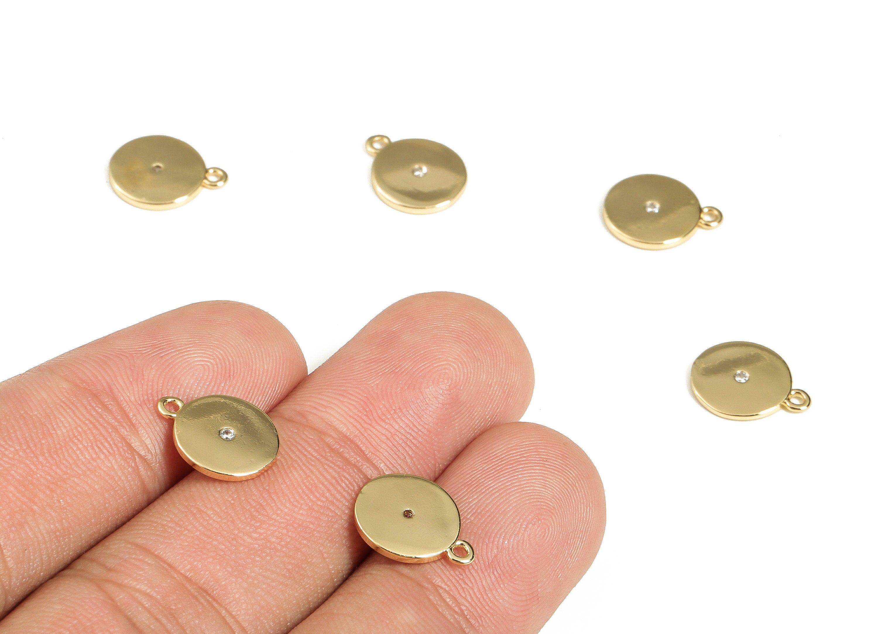Brass Round Earring Charms With Zircon - Gold Circle Pendant - 18K Real Gold Plated Brass - Jewelry Supplies - 12x10x1.27mm - RGP3508 - DOMEDBAZAAR