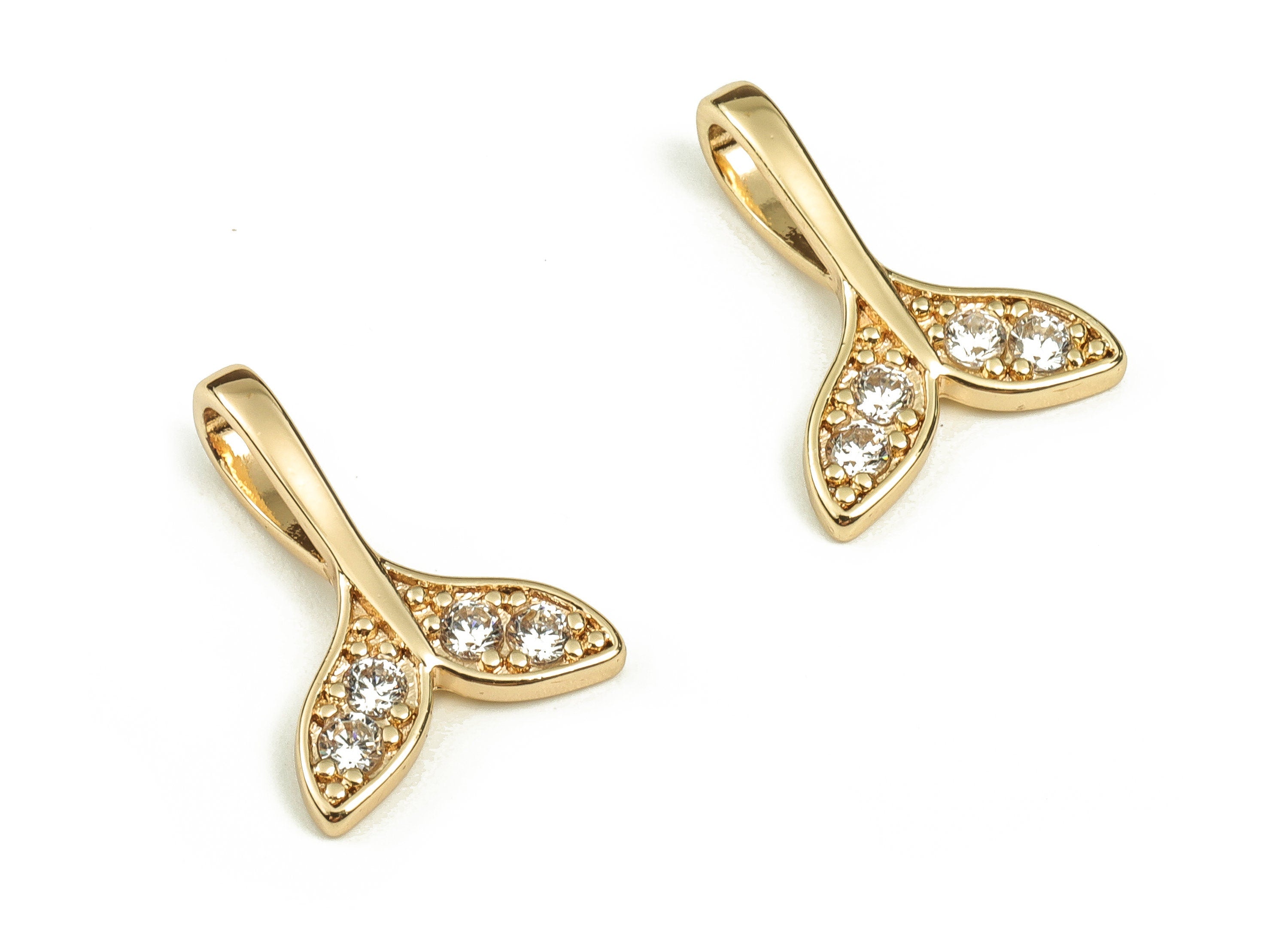 Brass Fish Tail Charms - Brass Fish Tail Pendant Charm with Zircons - 18K Gold Plated Brass - Jewelry Supplies -15.39x11.34x1.6mm- RGP3719 - DOMEDBAZAAR