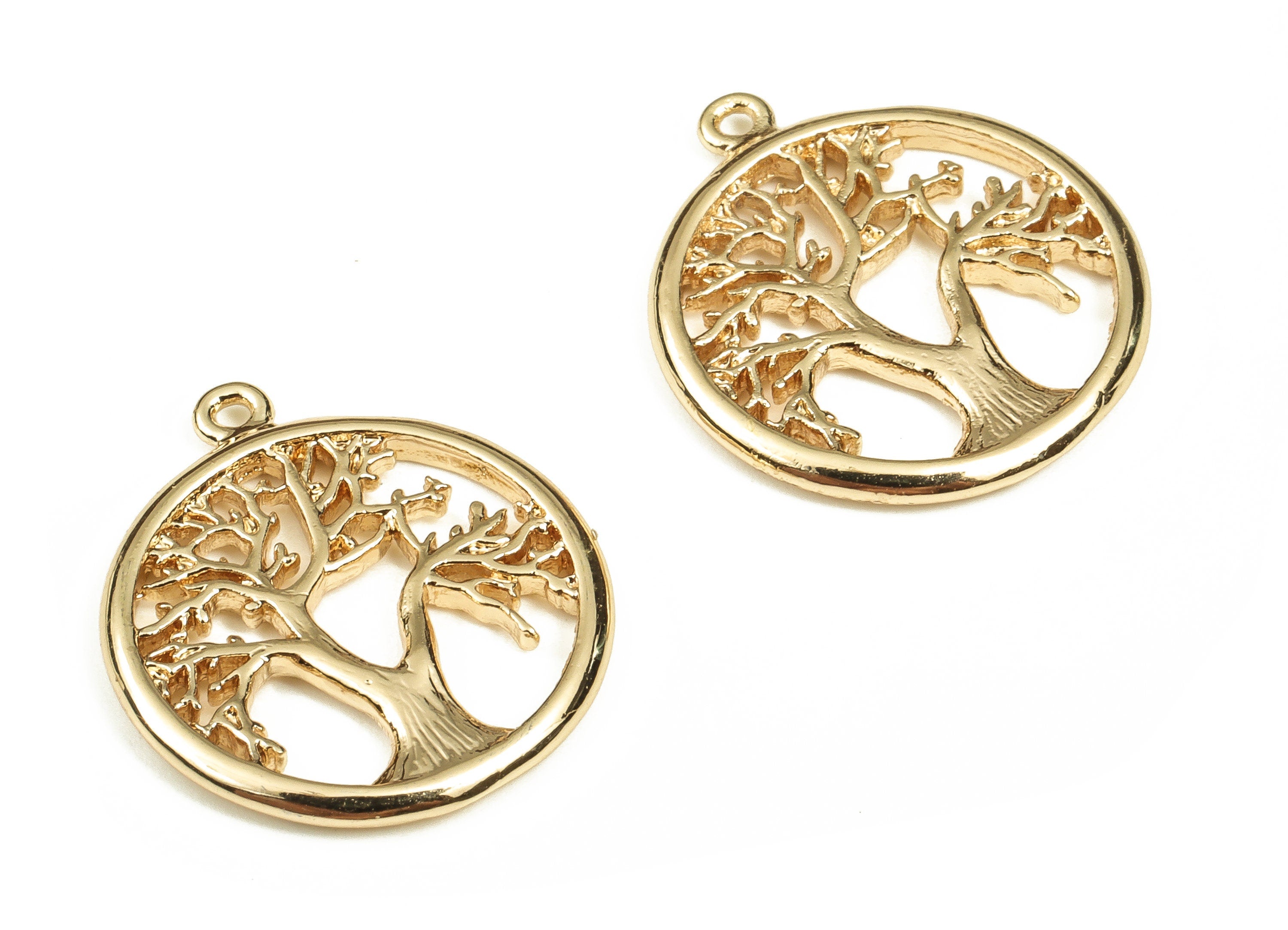 Brass Round Earring Charms - Gold Tree Pendant - 18K Real Gold Plated Brass - Jewelry Making Supplies - 17.27x15.32x1.53mm - RGP3709 - DOMEDBAZAAR