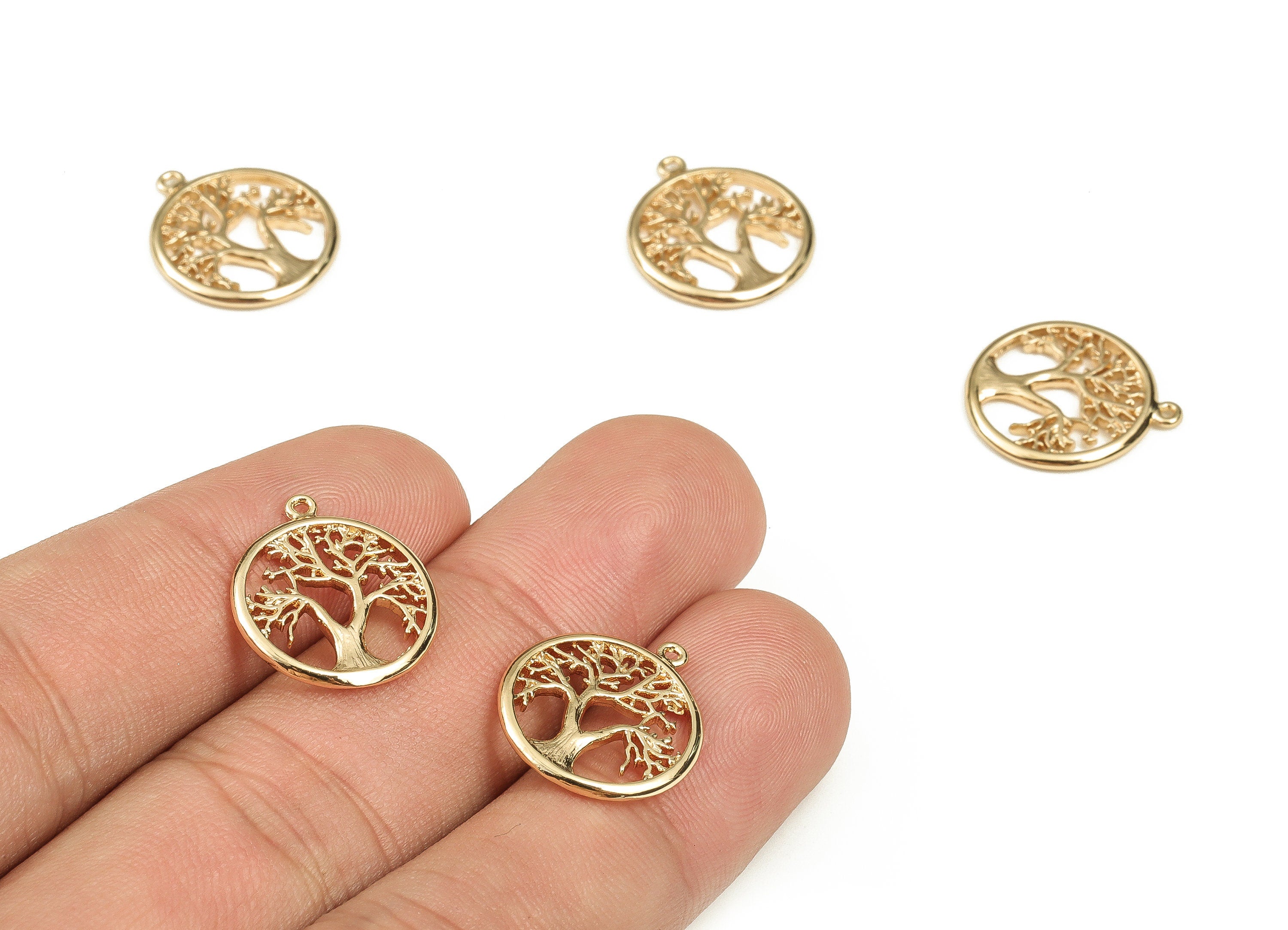 Brass Round Earring Charms - Gold Tree Pendant - 18K Real Gold Plated Brass - Jewelry Making Supplies - 17.27x15.32x1.53mm - RGP3709 - DOMEDBAZAAR