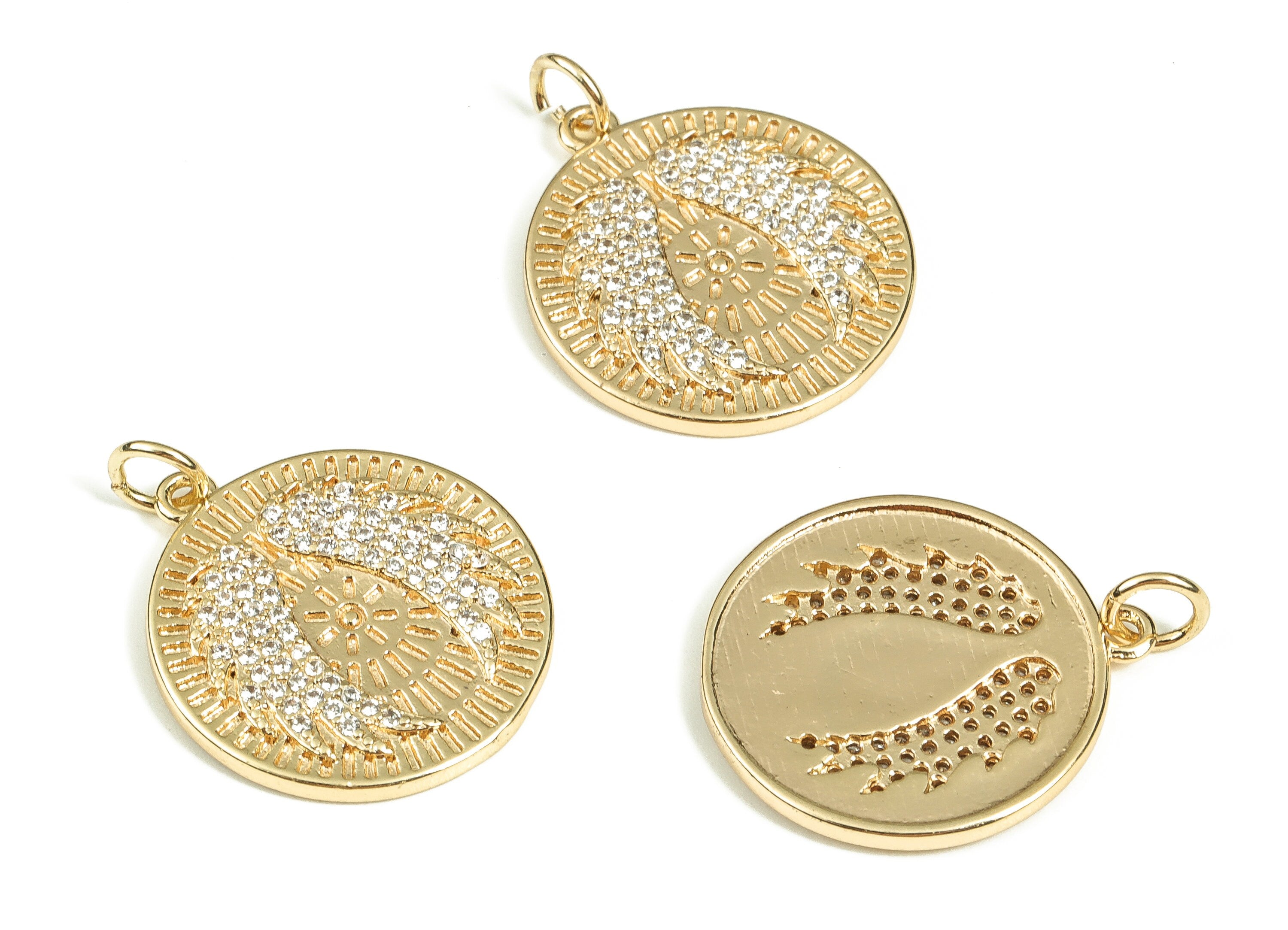 Brass Round Wing Earring Charms With Zircons - Gold Circle Pendant - 18K Real Gold Plated Brass - 21.85x19.63x1.96mm - RGP3556 - DOMEDBAZAAR