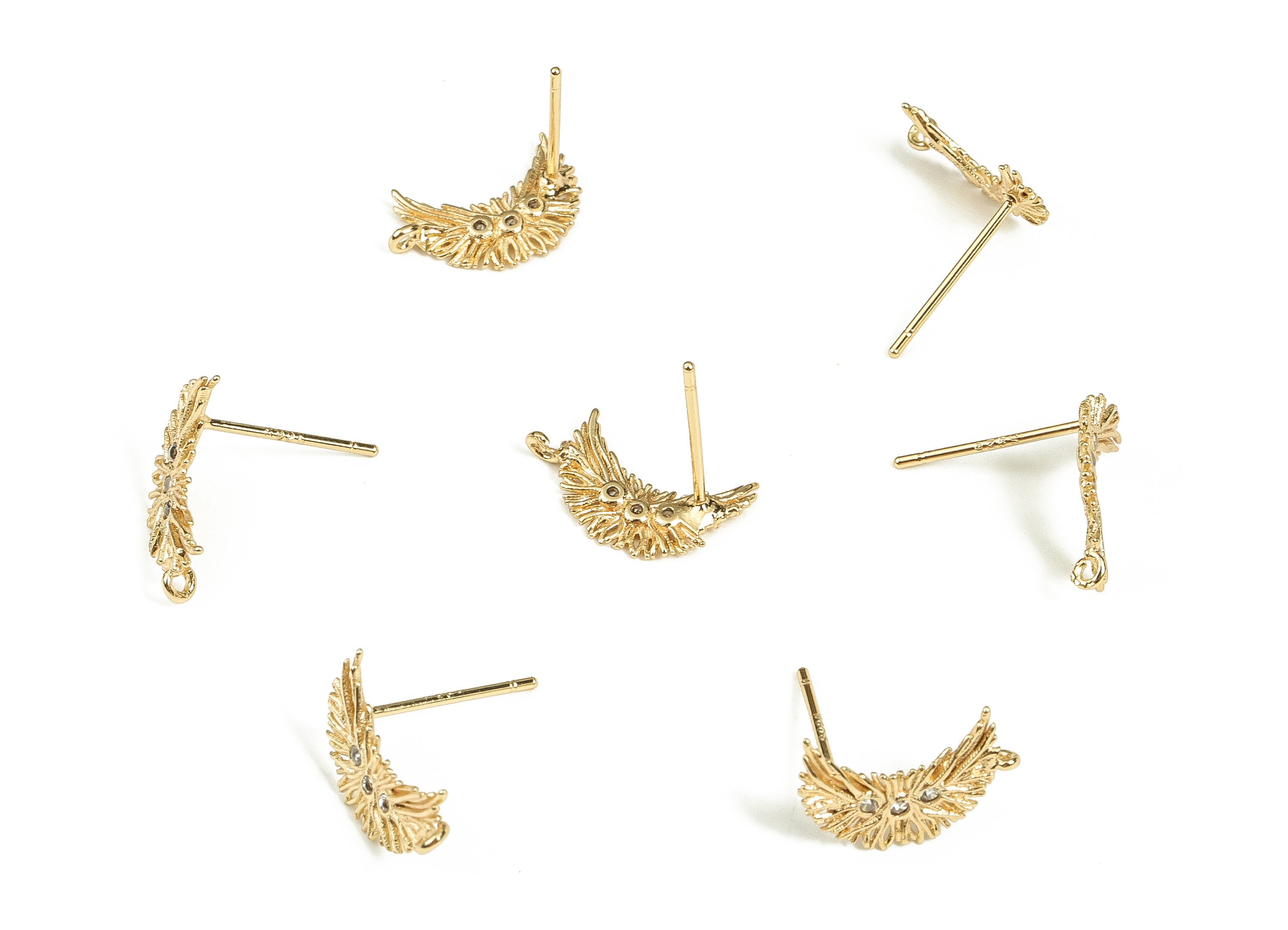 Brass Wing Earring Stud With Zircon - Gold Wing Earring Post - Brass Stud - 18K Real Gold Plated Brass – 14.5x8.6x1.15mm - RGP3462 - DOMEDBAZAAR