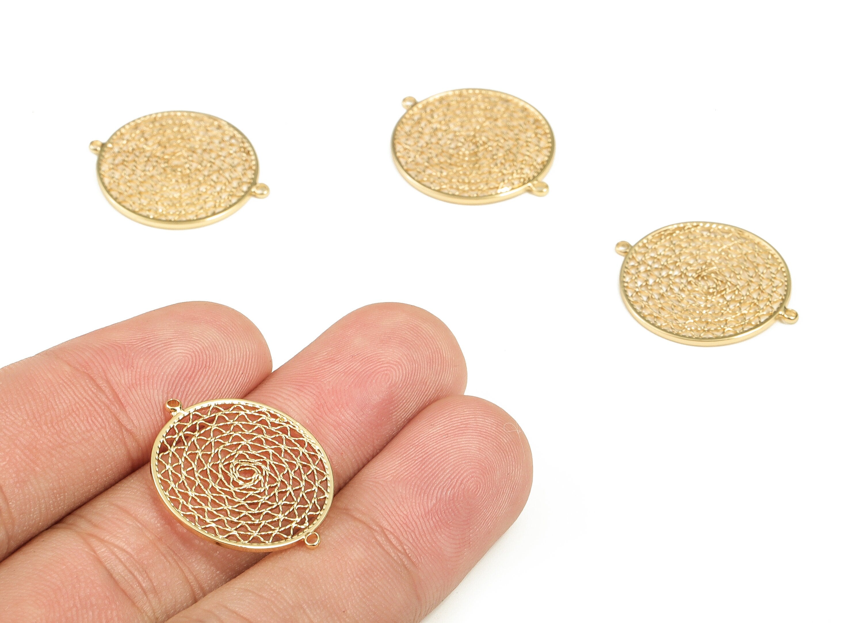 Brass Round Connector Charms - Gold  hollowed out Pendant -  18K Real Gold Plated Brass -  Jewelry Supplies  -  19.9x24.2x0.9mm - RGP3510 - DOMEDBAZAAR