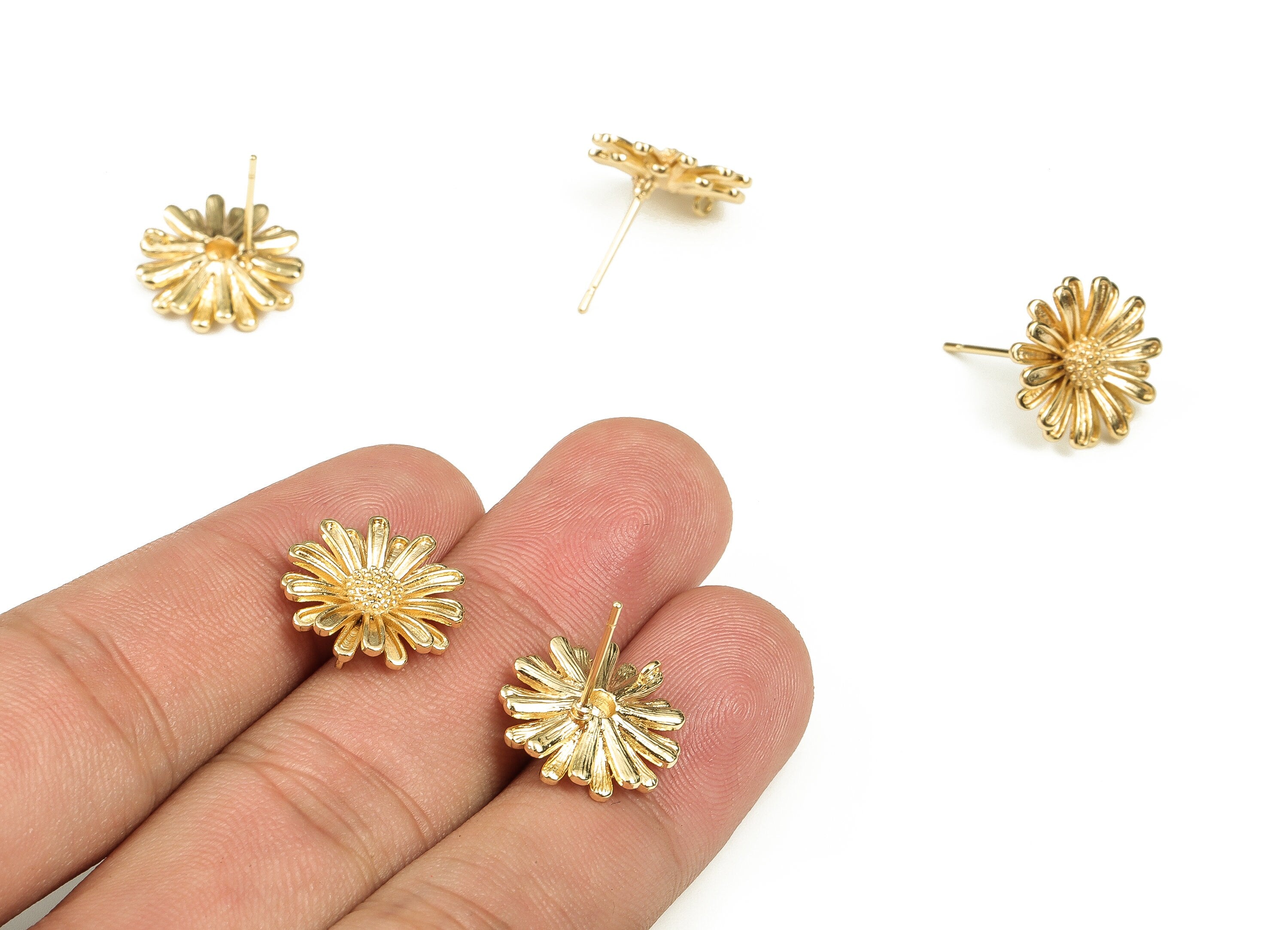 Brass Flower Earrings Post - Gold Flower Earrings Stud - 18K Real Gold Plated Brass - Jewelry Making Supplies -15.17x15.09x3.65mm- RGP3698 - DOMEDBAZAAR