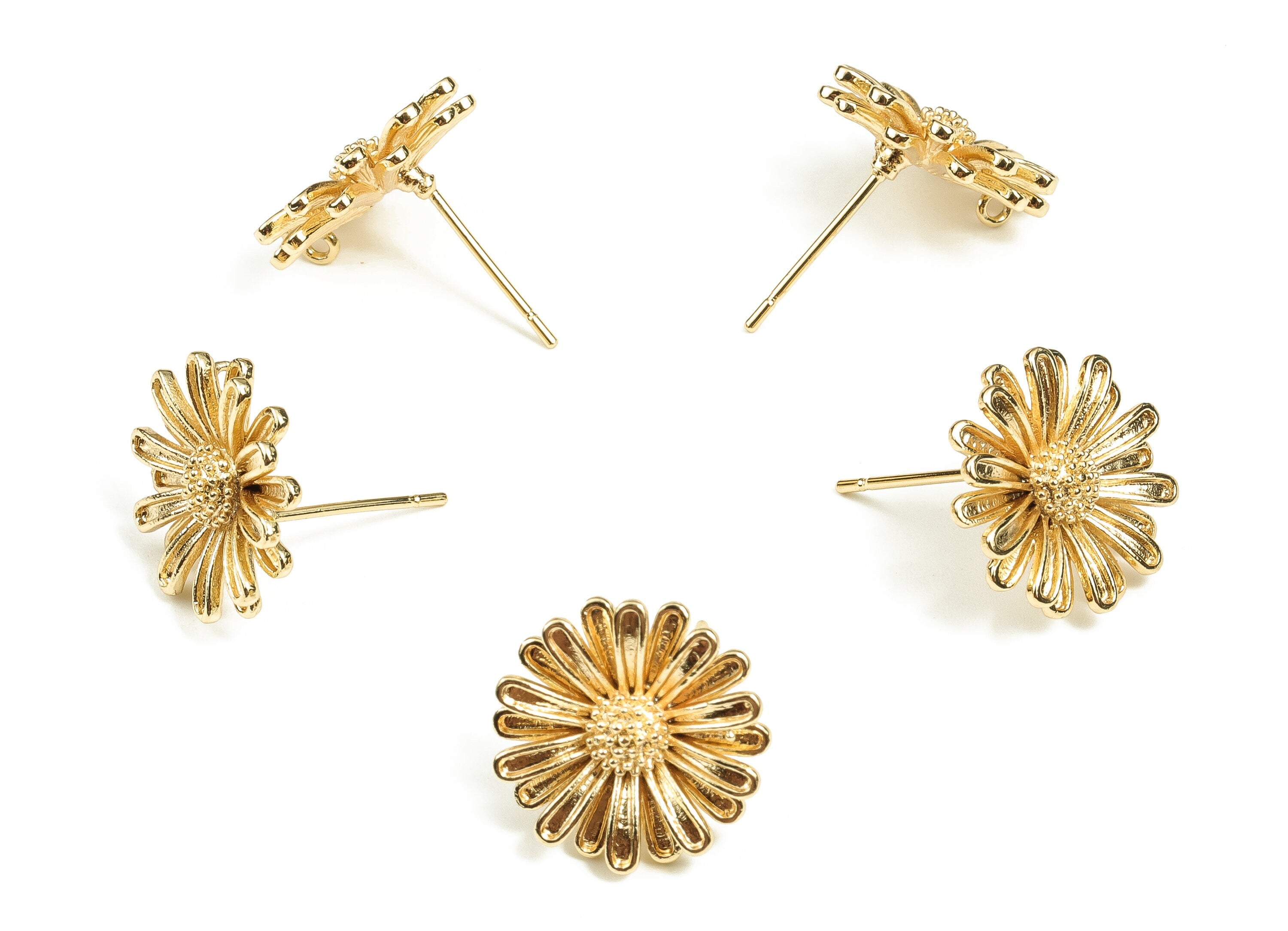Brass Flower Earrings Post - Gold Flower Earrings Stud - 18K Real Gold Plated Brass - Jewelry Making Supplies -15.17x15.09x3.65mm- RGP3698 - DOMEDBAZAAR
