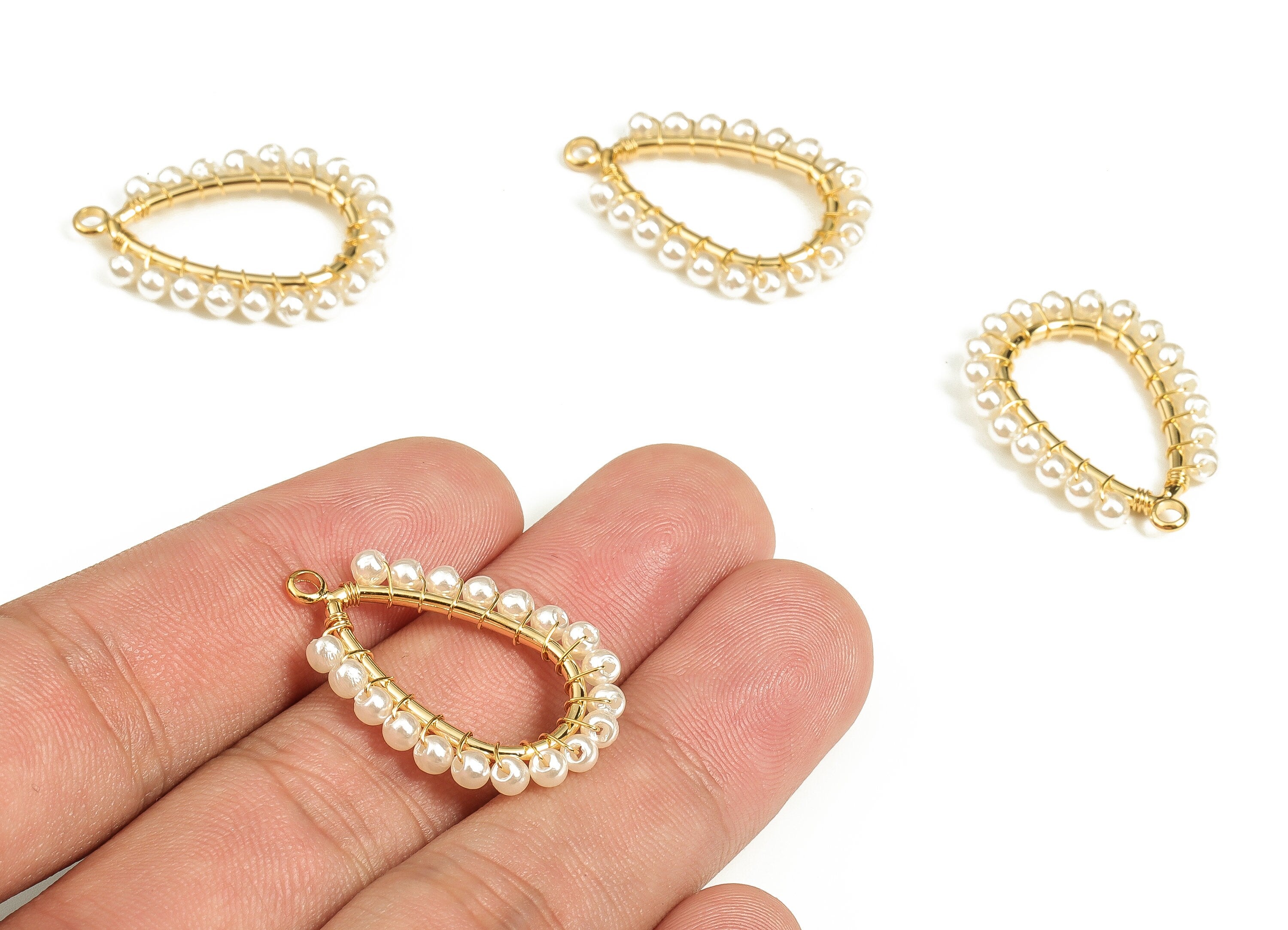 Brass Drop Earring Charms With Acrylic Pearl - Gold Drop Pendant - 18K Real Gold Plated Brass - Jewelry Supplies - 29.6x19.5x3mm - RGP3488 - DOMEDBAZAAR