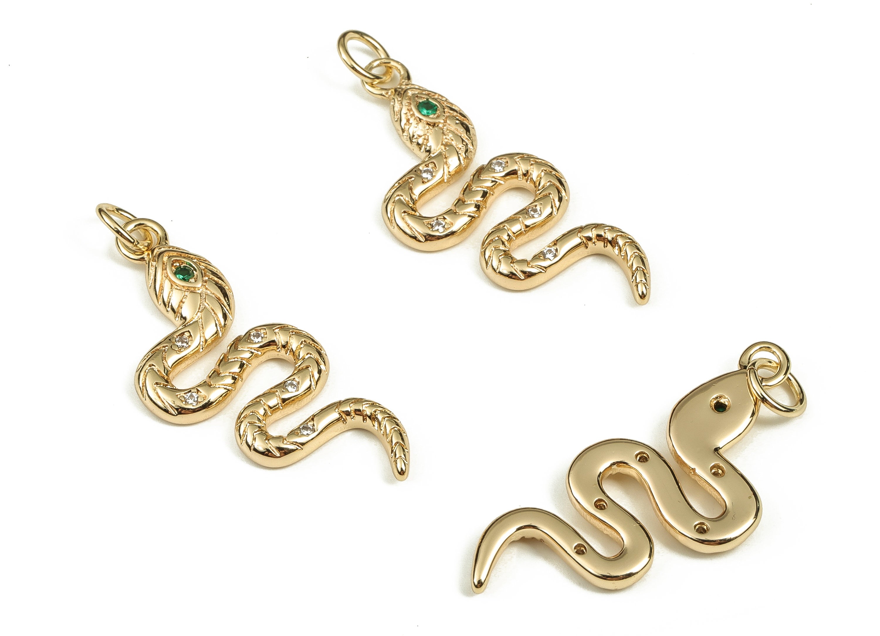 Brass Snake Earring Charms With Zircons - Gold Snake Pendant - 18K Real Gold Plated Brass - Jewelry Supplies - 30.06x12.45x2.06mm - RGP3570 - DOMEDBAZAAR