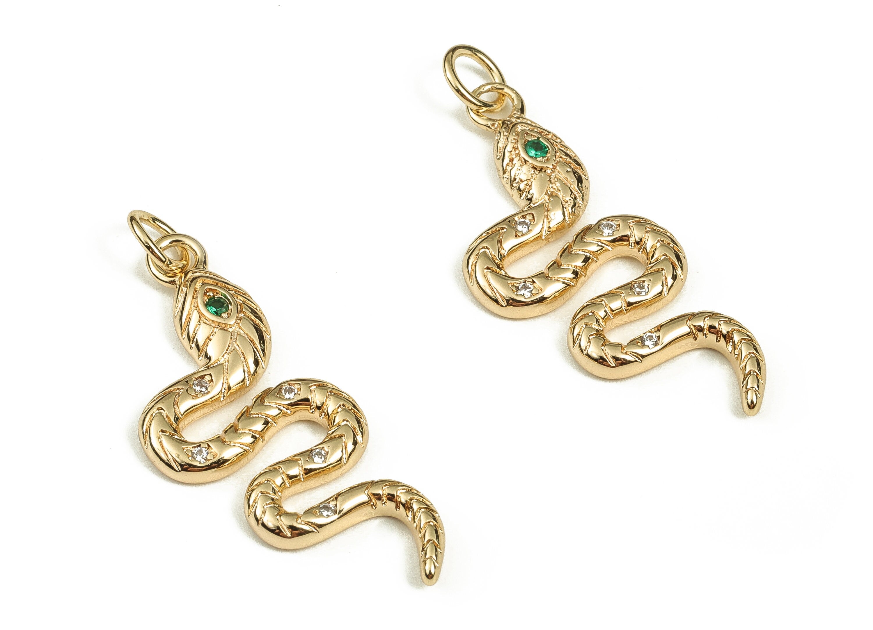 Brass Snake Earring Charms With Zircons - Gold Snake Pendant - 18K Real Gold Plated Brass - Jewelry Supplies - 30.06x12.45x2.06mm - RGP3570 - DOMEDBAZAAR