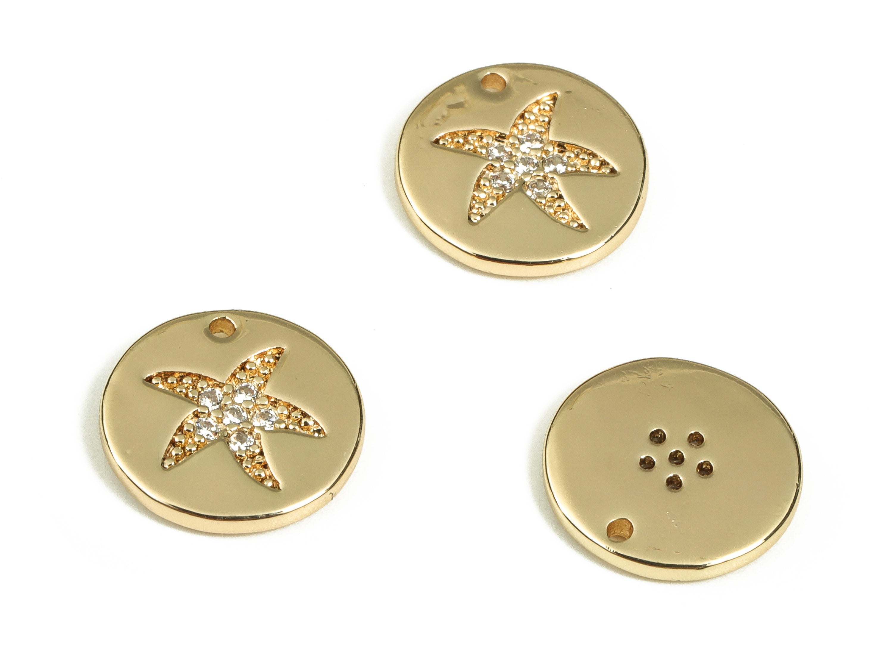 Brass Round Earring Charms With Zircons - Gold Starfish Pendant - 18K Real Gold Plated Brass - Jewelry Supplies - 10.15x10.3x1.5mm - RGP3477 - DOMEDBAZAAR