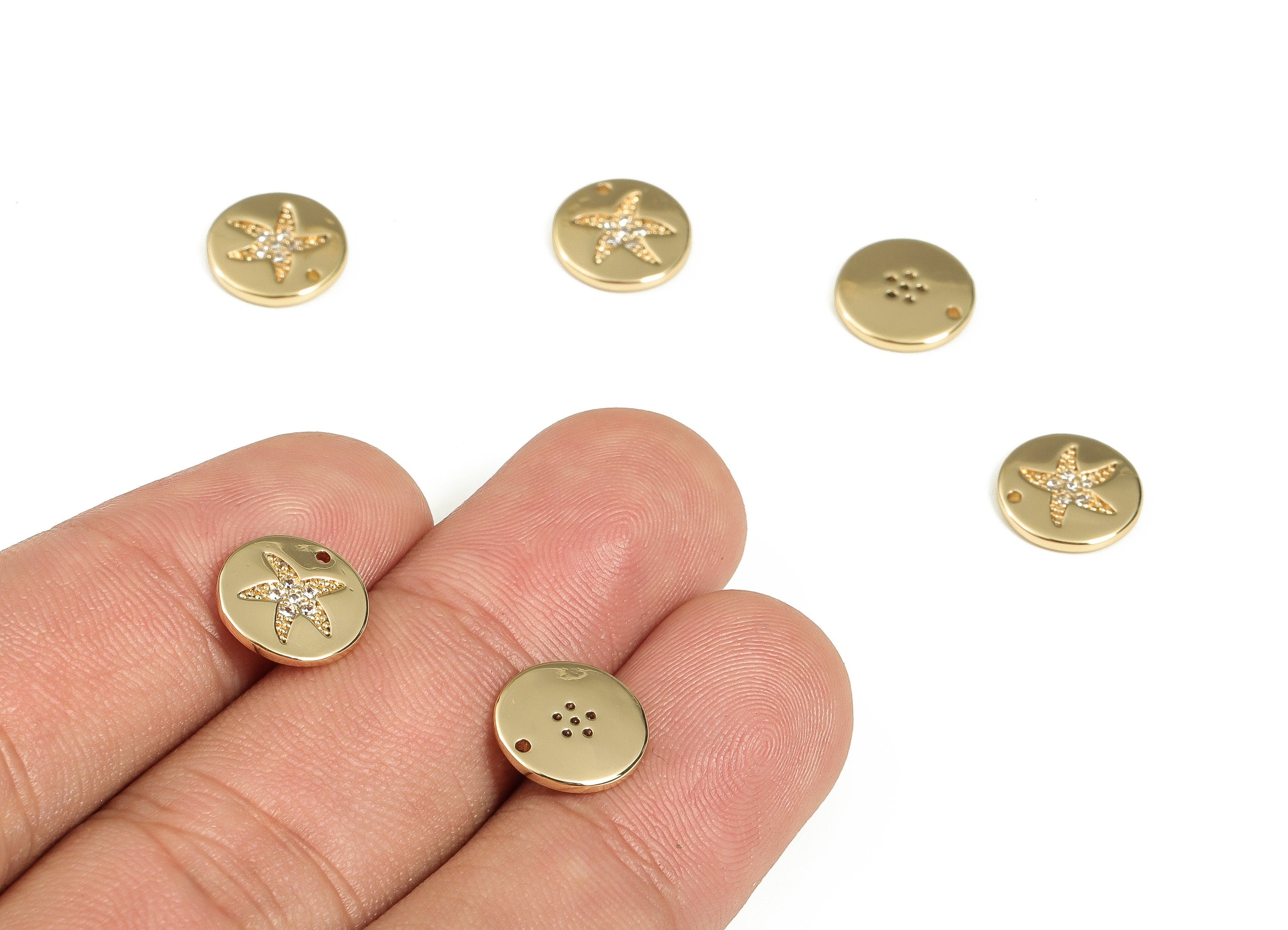 Brass Round Earring Charms With Zircons - Gold Starfish Pendant - 18K Real Gold Plated Brass - Jewelry Supplies - 10.15x10.3x1.5mm - RGP3477 - DOMEDBAZAAR