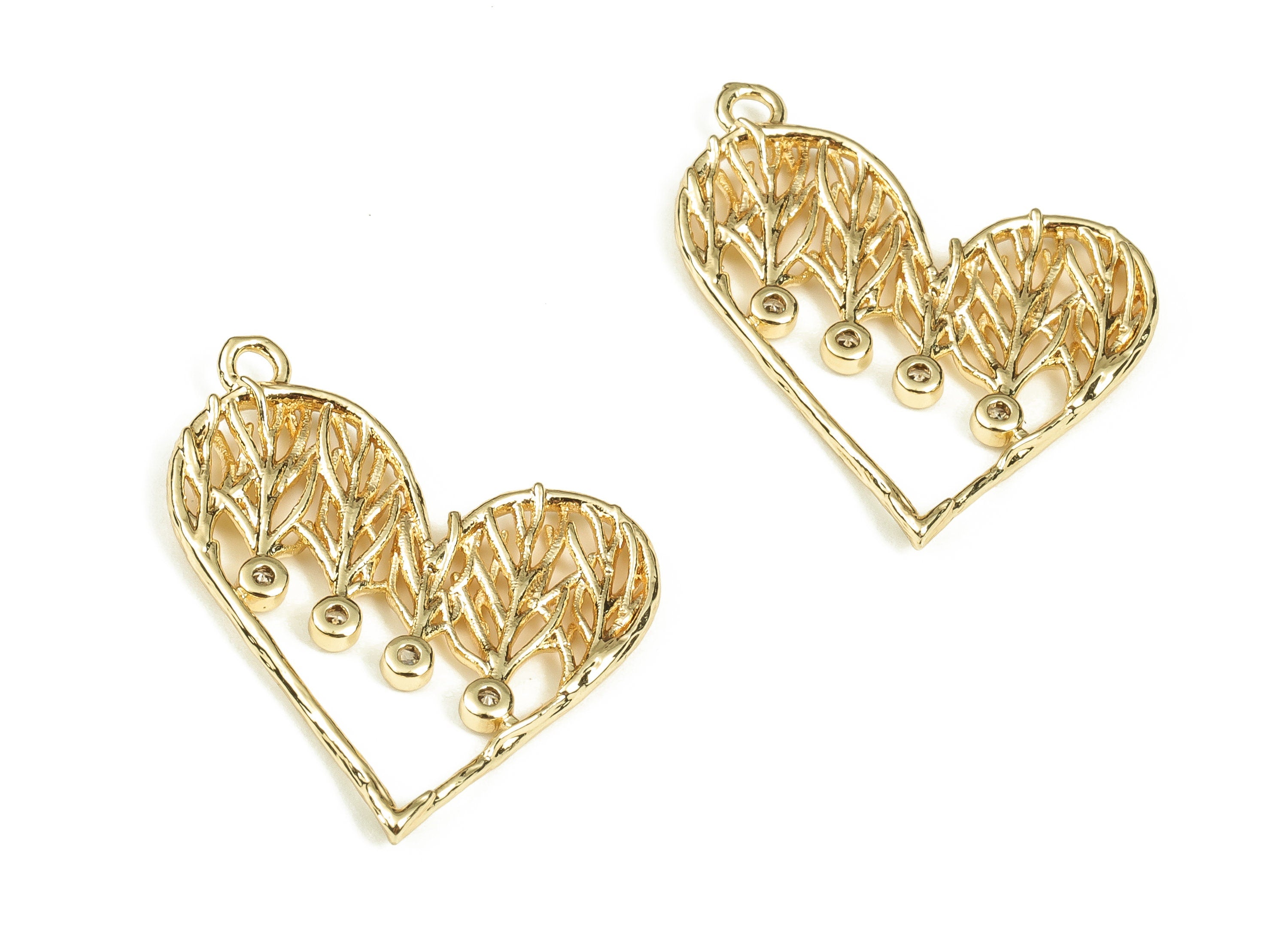 Brass Heart Earring Charms With Zircons - Gold Hollow out Pendant - 18K Real Gold Plated Brass - Jewelry Supplies - 24.5x21x1.7mm- RGP3454 - DOMEDBAZAAR