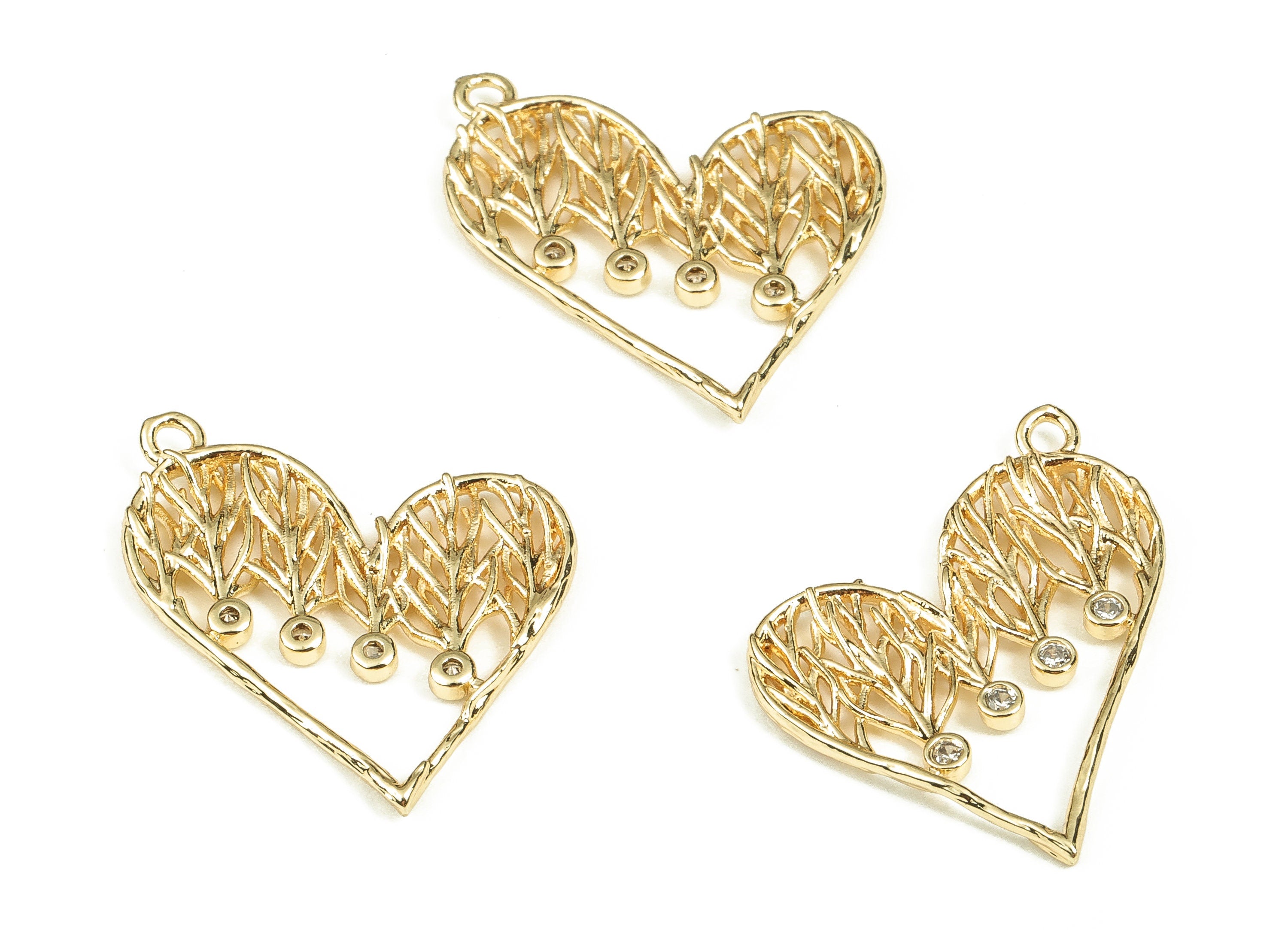 Brass Heart Earring Charms With Zircons - Gold Hollow out Pendant - 18K Real Gold Plated Brass - Jewelry Supplies - 24.5x21x1.7mm- RGP3454 - DOMEDBAZAAR