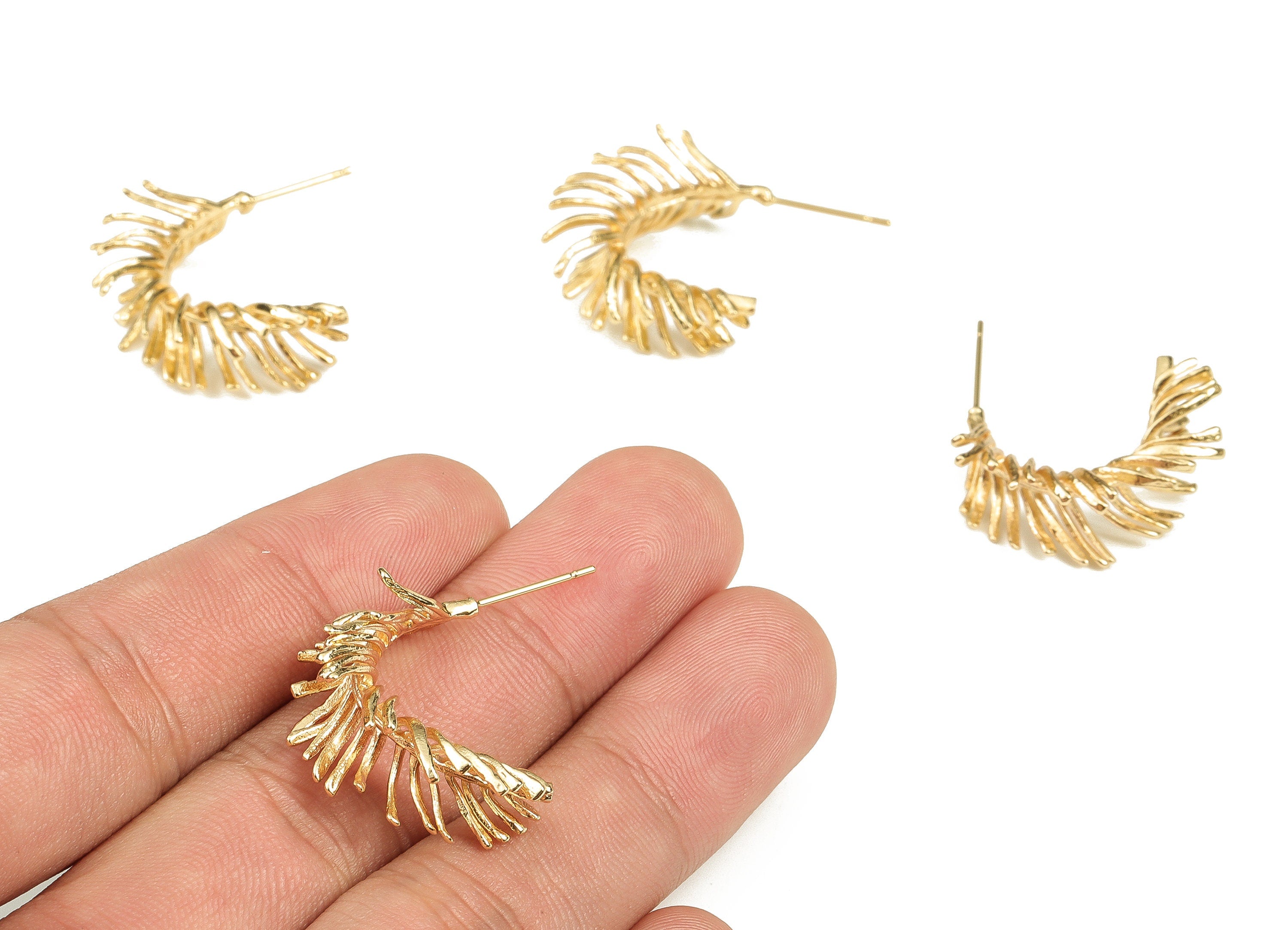 Brass Feather Earring Post - Gold Feather Stud - 18K Real Gold Plated - Stainless Steel Stud - Jewelry Supplies - 28x17.5x7.1mm - RGP3474 - DOMEDBAZAAR