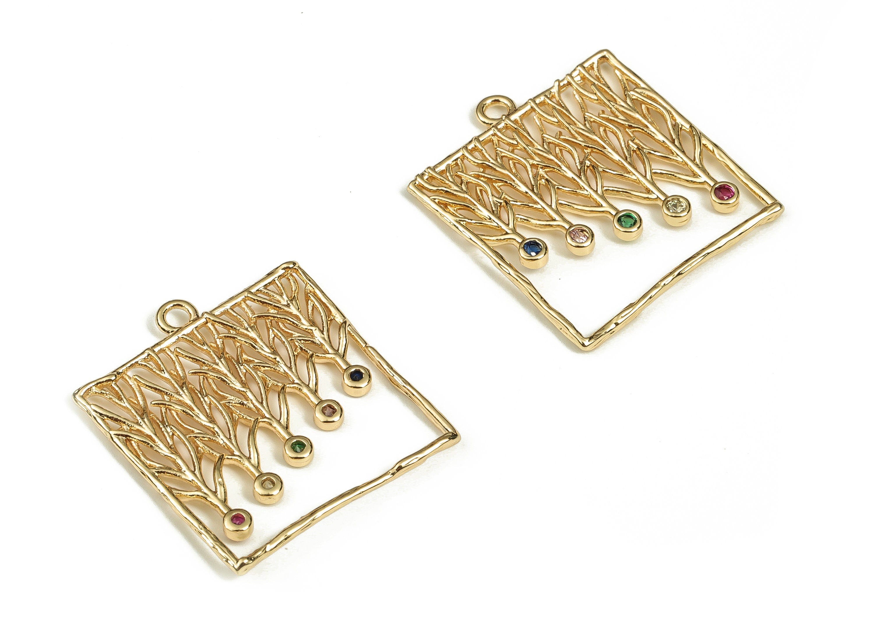 Brass Square Earring Charms With Zircon - Gold Hollow out Pendant - 18K Real Gold Plated Brass - Jewelry Supplies - 24.5x19.5x1.7mm- RGP3479 - DOMEDBAZAAR