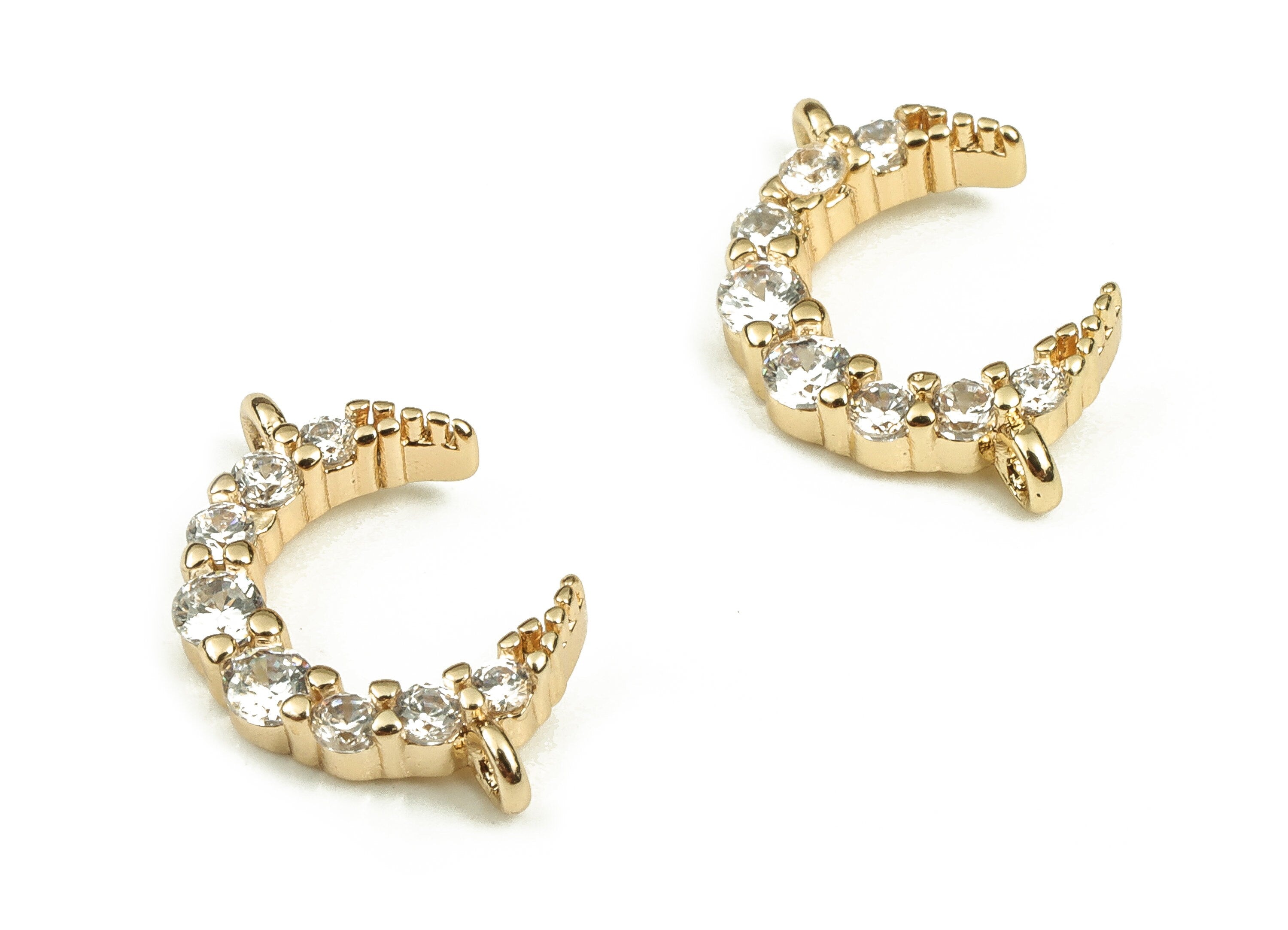Brass Crescent Earring Connector With Zircons - Gold Moon Pendant - 18K Real Gold Plated Brass - Jewelry Supplies - 14.2x9.1x2.4mm - RGP3728 - DOMEDBAZAAR