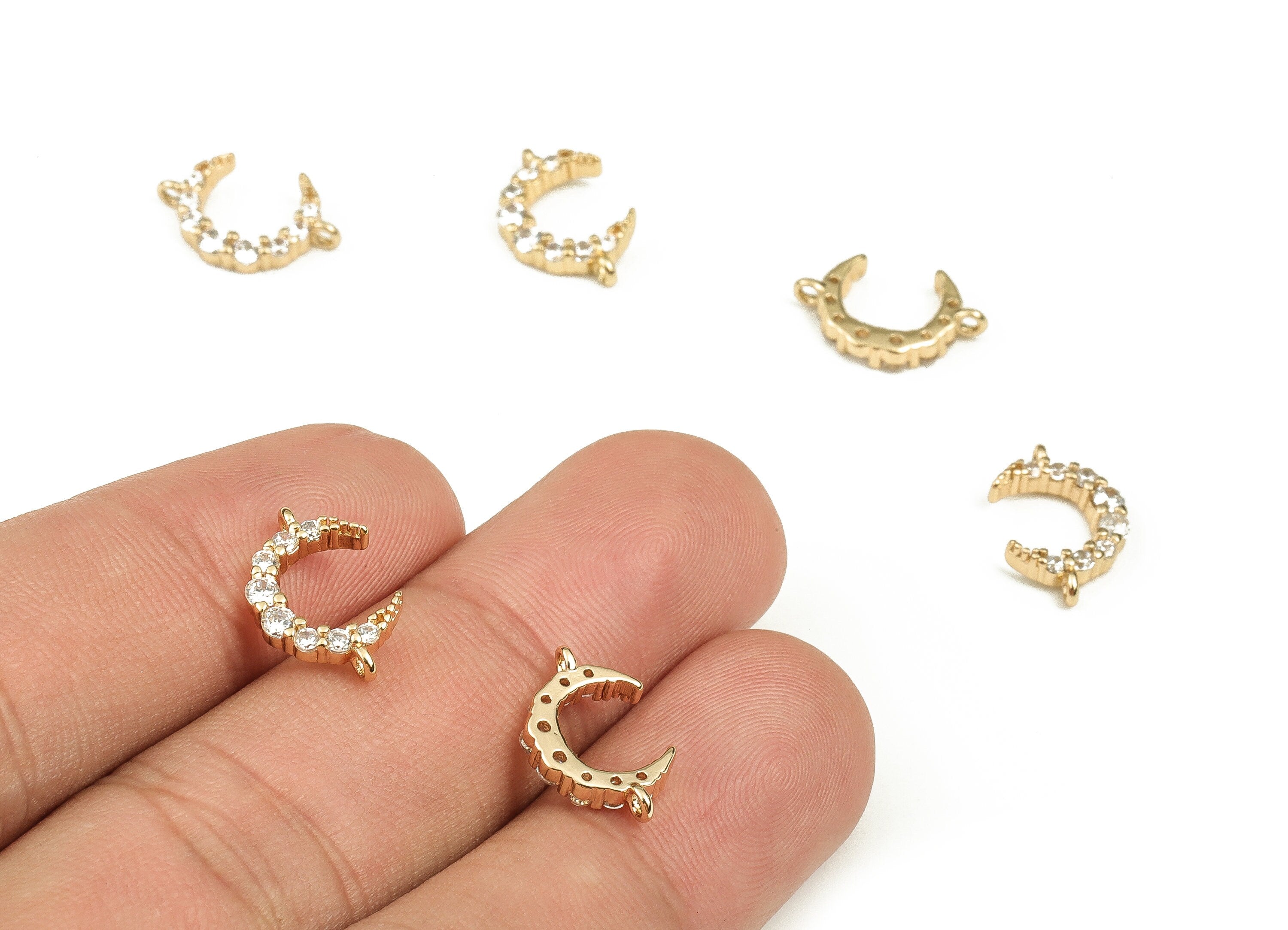 Brass Crescent Earring Connector With Zircons - Gold Moon Pendant - 18K Real Gold Plated Brass - Jewelry Supplies - 14.2x9.1x2.4mm - RGP3728 - DOMEDBAZAAR