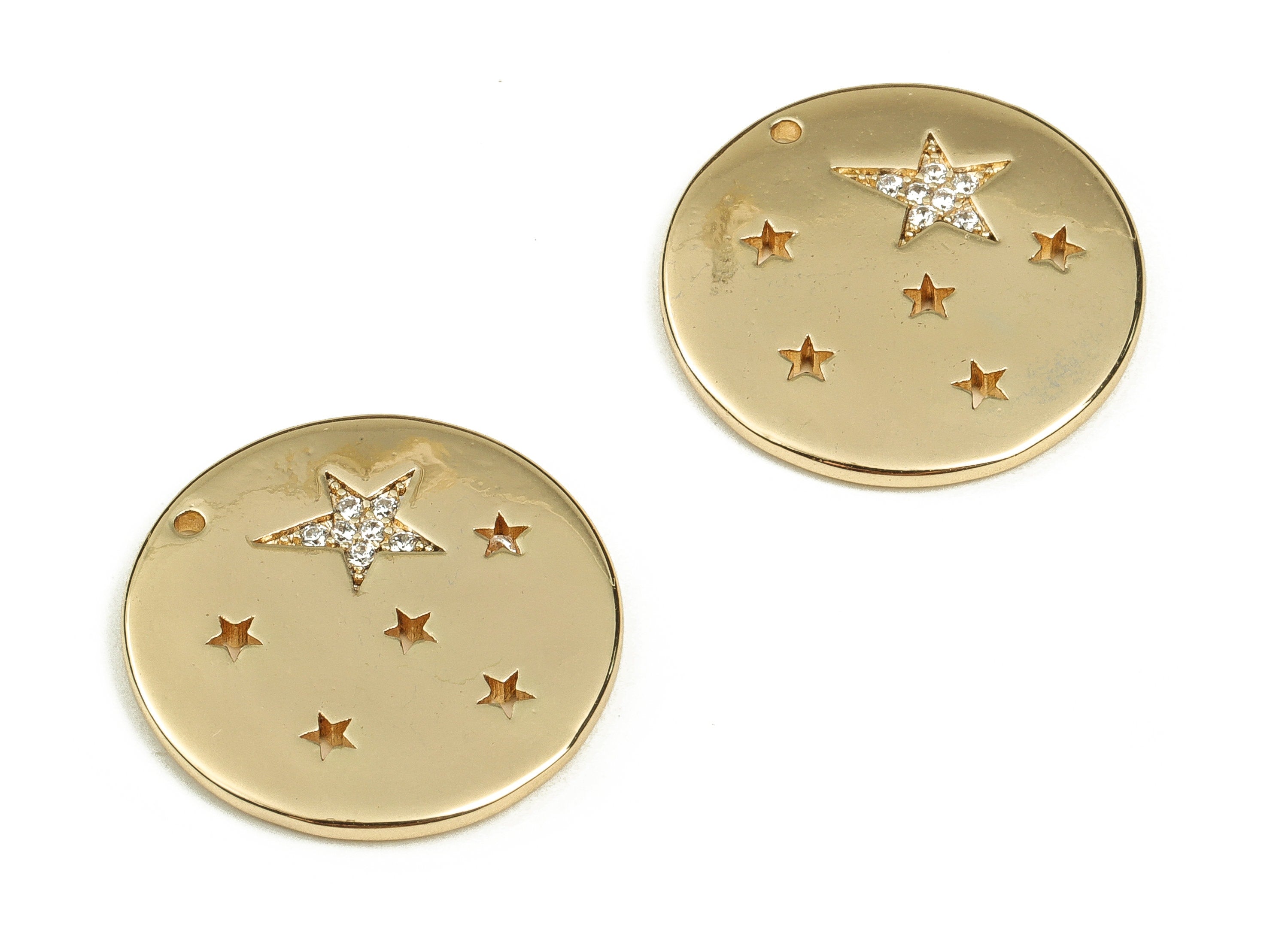 Brass Round Earring Charms With Zircons - Gold Star Pendant - 18K Real Gold Plated Brass - Jewelry Supplies - 19.79x19.87x1.81mm - RGP3726 - DOMEDBAZAAR