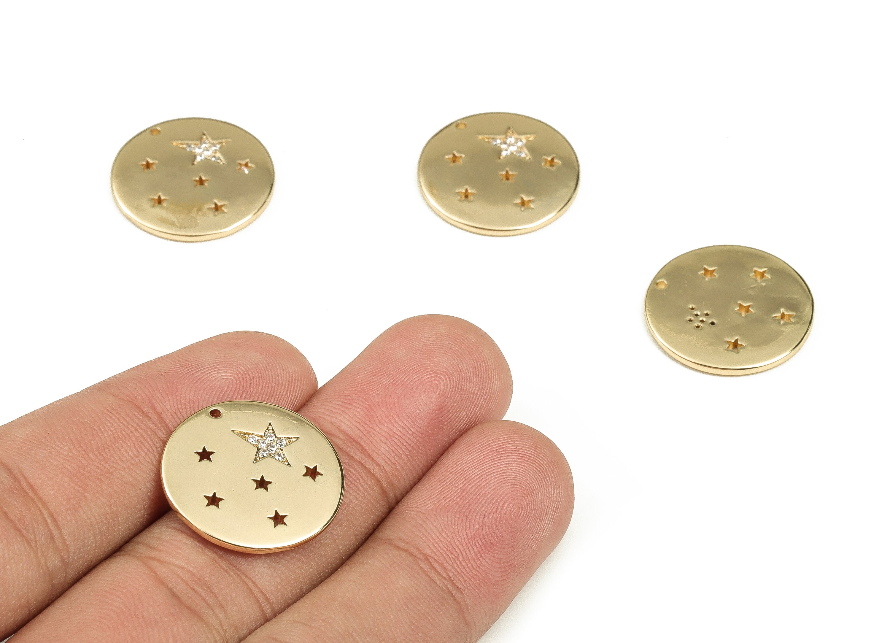 Brass Round Earring Charms With Zircons - Gold Star Pendant - 18K Real Gold Plated Brass - Jewelry Supplies - 19.79x19.87x1.81mm - RGP3726 - DOMEDBAZAAR