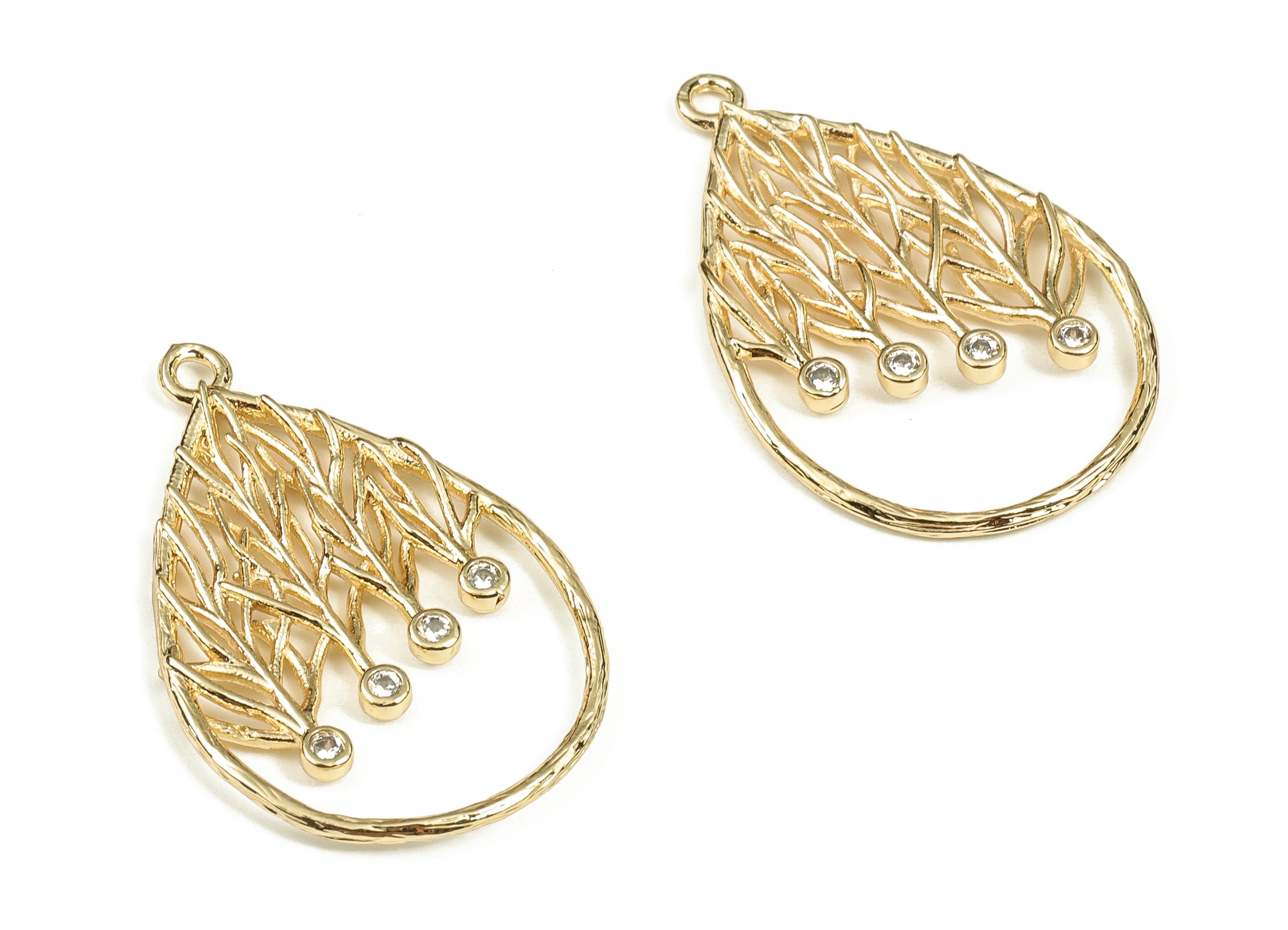 Brass Teardrop Earring Charms With Zircon - Gold Hollow out Pendant - 18K Real Gold Plated Brass - Jewelry Supplies - 27x17.7x1.8mm- RGP3452 - DOMEDBAZAAR