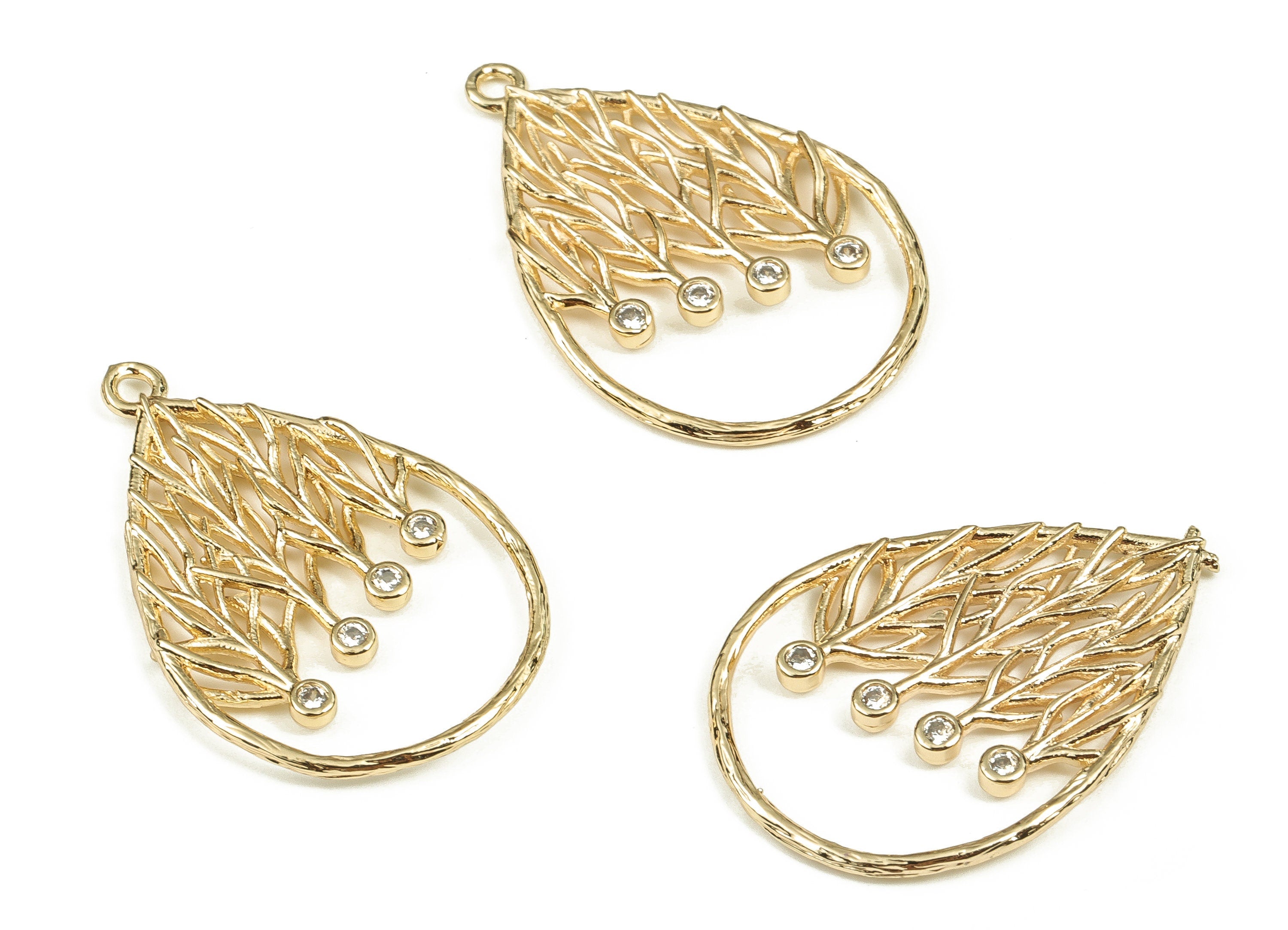Brass Teardrop Earring Charms With Zircon - Gold Hollow out Pendant - 18K Real Gold Plated Brass - Jewelry Supplies - 27x17.7x1.8mm- RGP3452 - DOMEDBAZAAR