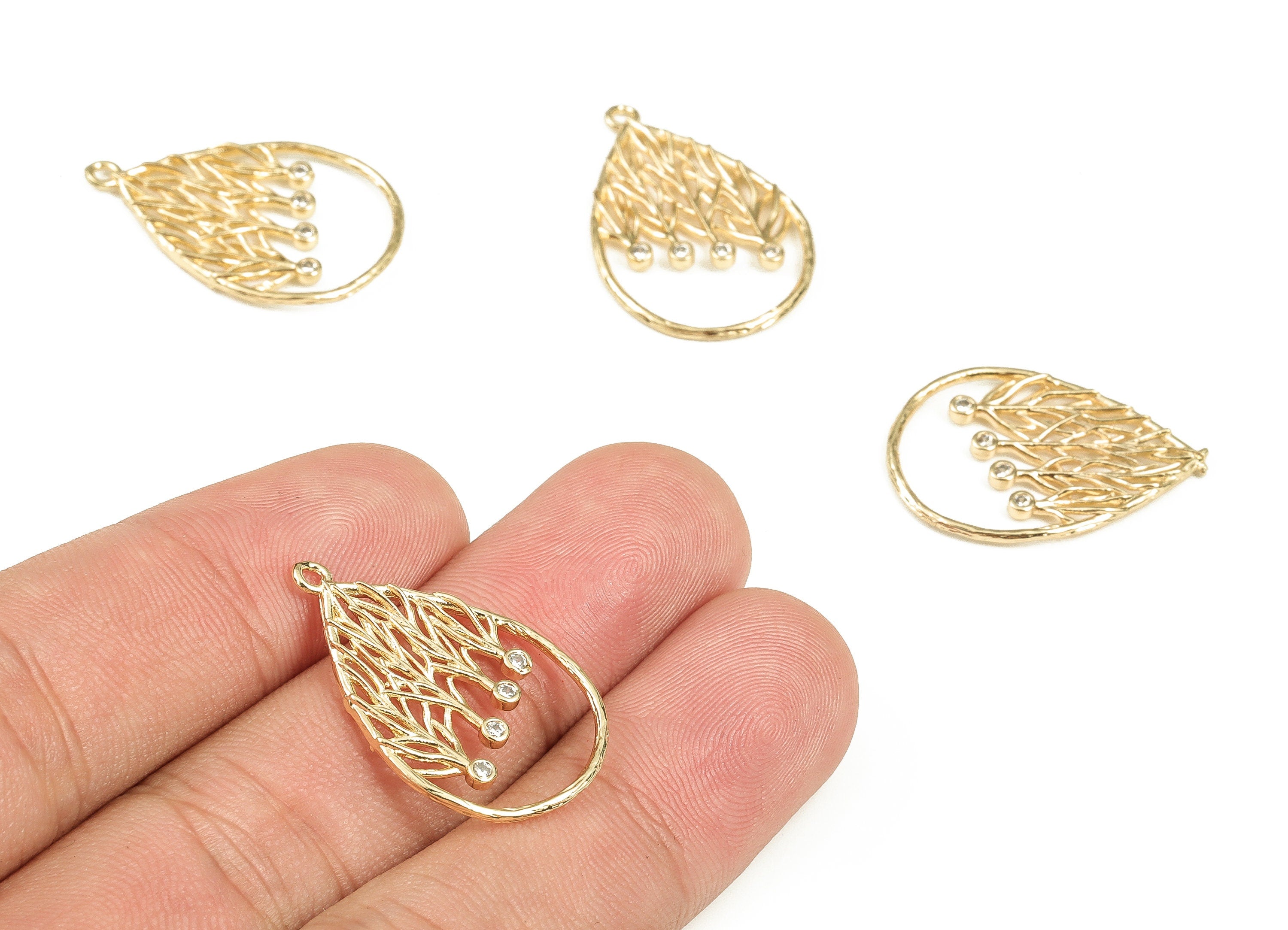 Brass Teardrop Earring Charms With Zircon - Gold Hollow out Pendant - 18K Real Gold Plated Brass - Jewelry Supplies - 27x17.7x1.8mm- RGP3452 - DOMEDBAZAAR