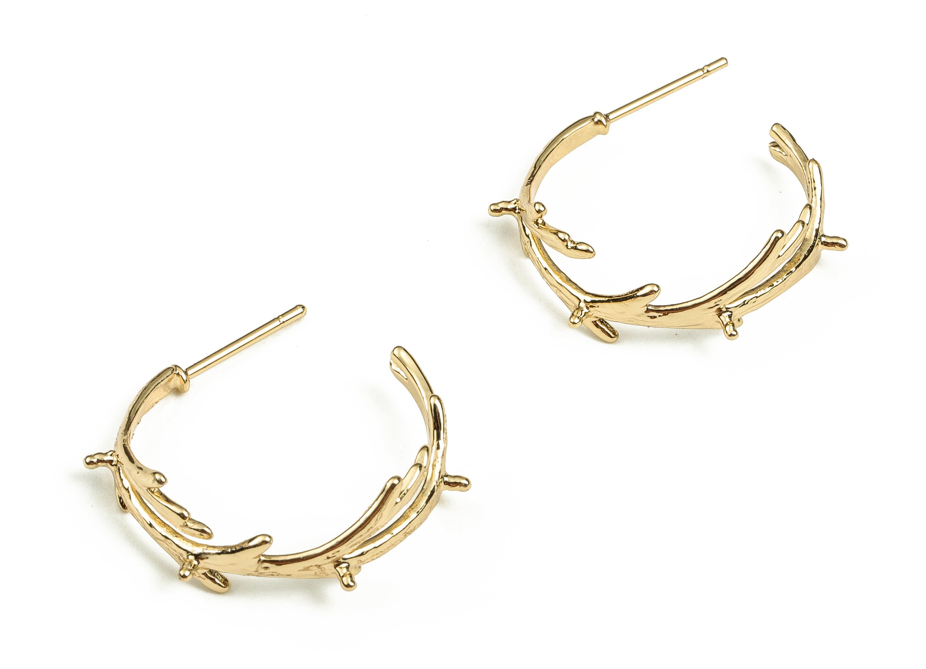 Brass Branches Earring Post - Brass Open Hoop Earrings Stud - 18K Real Gold Plated Brass - Stainless Steel Stud -23.26x23.61x2.08mm- RGP3735 - DOMEDBAZAAR
