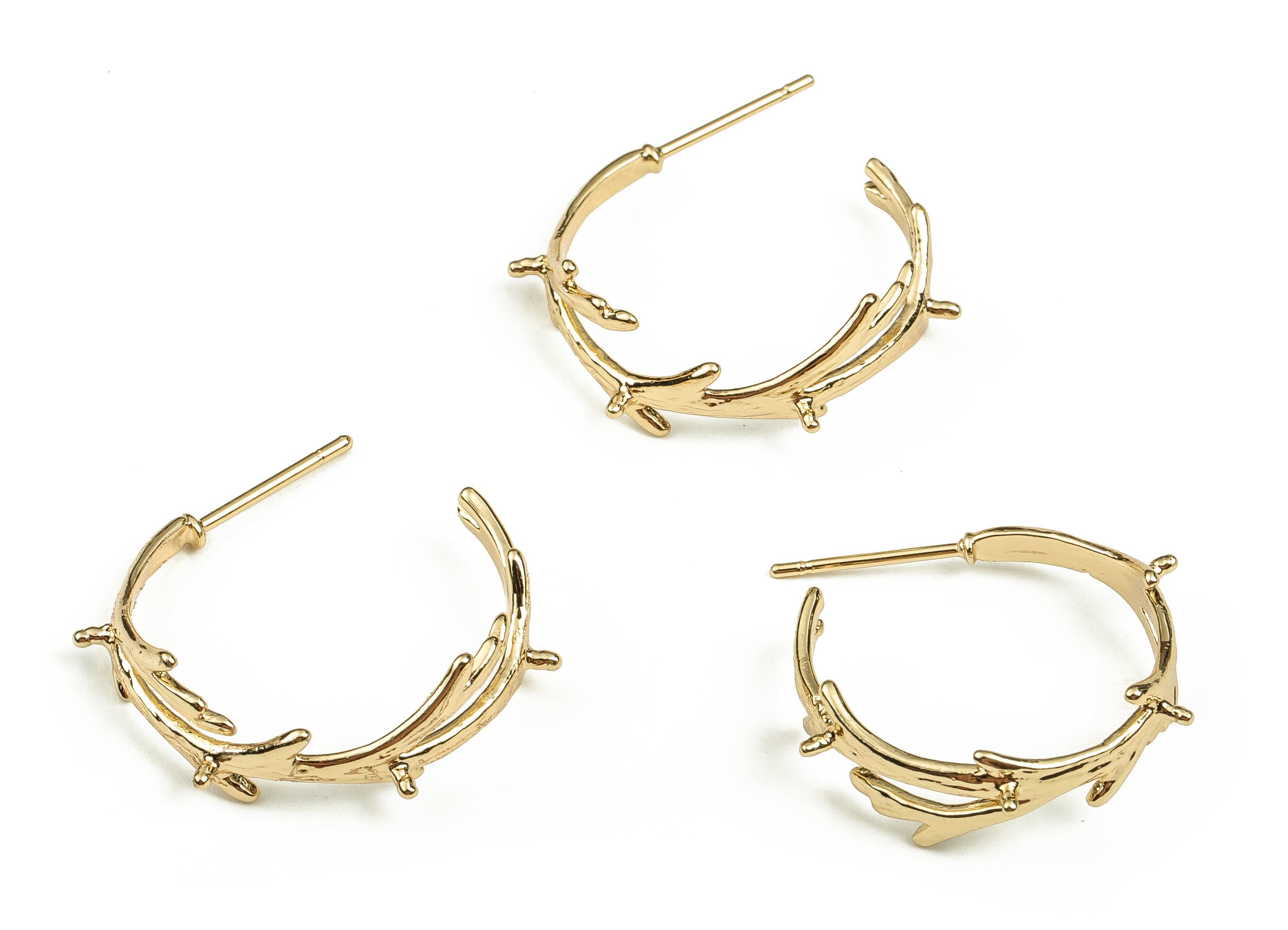 Brass Branches Earring Post - Brass Open Hoop Earrings Stud - 18K Real Gold Plated Brass - Stainless Steel Stud -23.26x23.61x2.08mm- RGP3735 - DOMEDBAZAAR