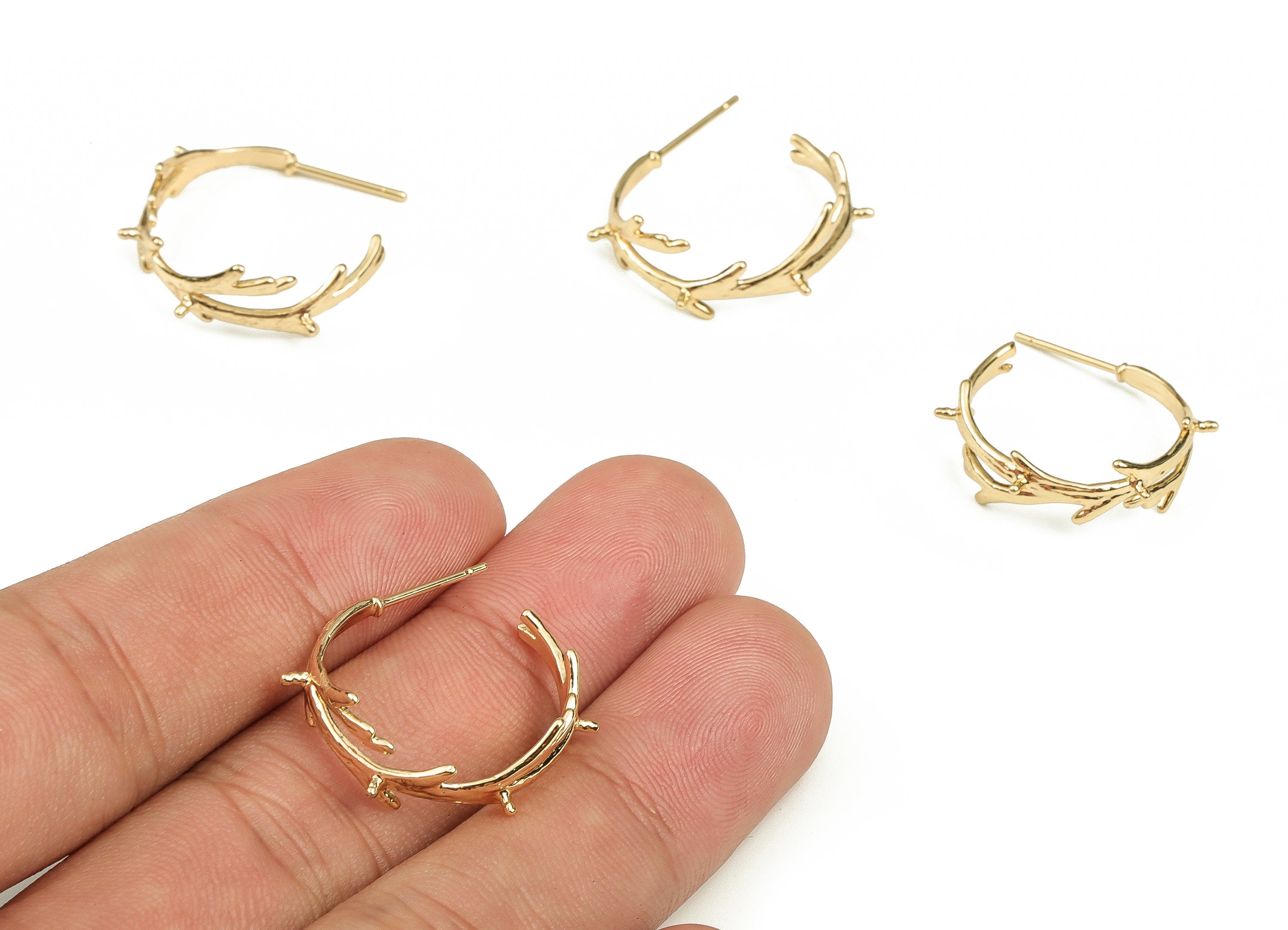Brass Branches Earring Post - Brass Open Hoop Earrings Stud - 18K Real Gold Plated Brass - Stainless Steel Stud -23.26x23.61x2.08mm- RGP3735 - DOMEDBAZAAR