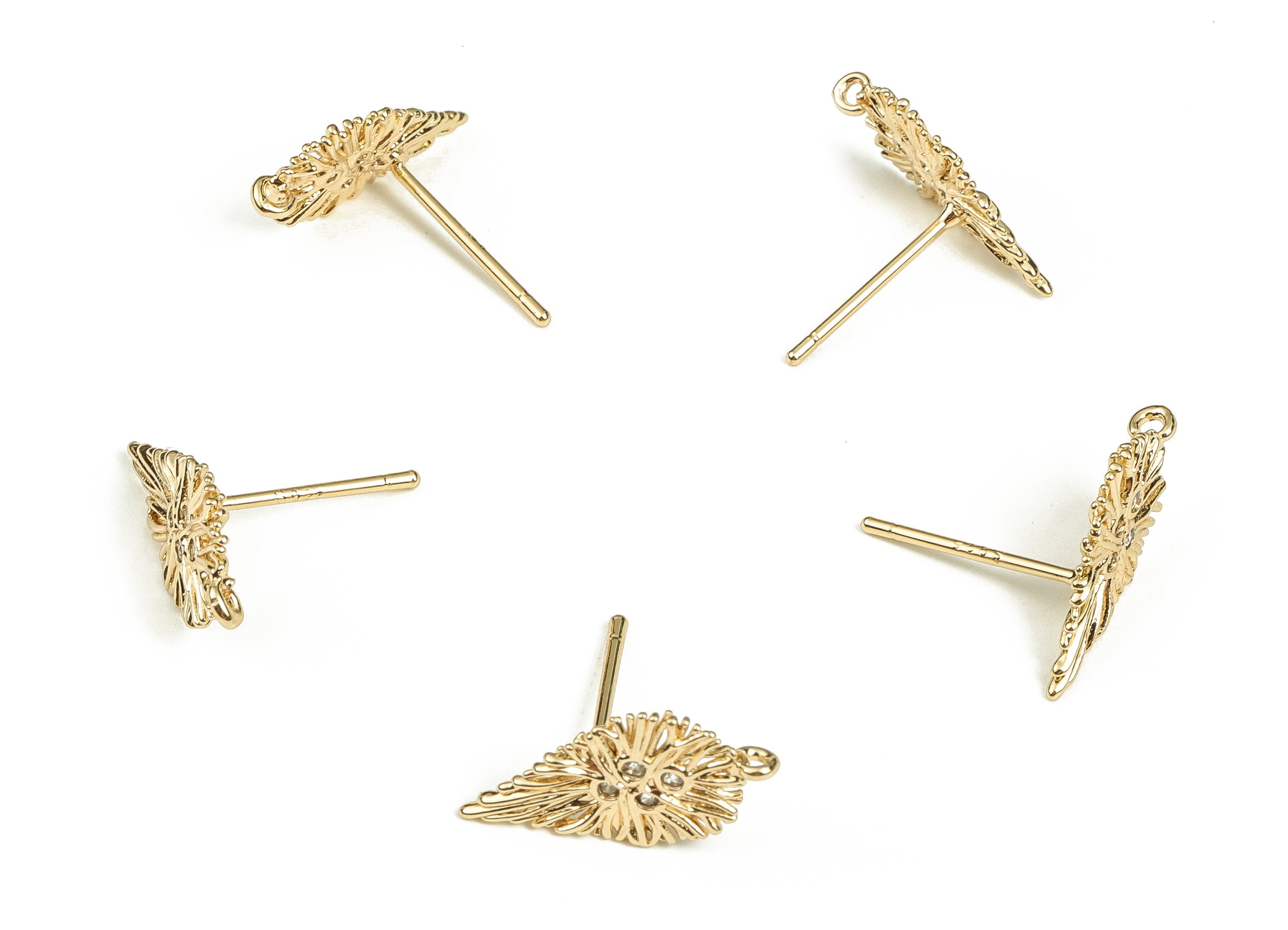 Brass Leaf Earring Stud with Zircon - Gold Plated Leaf Earring Post - Stainless Steel Stud - 18K Real Gold Plated Brass -17x8x1.1mm- RGP3515 - DOMEDBAZAAR