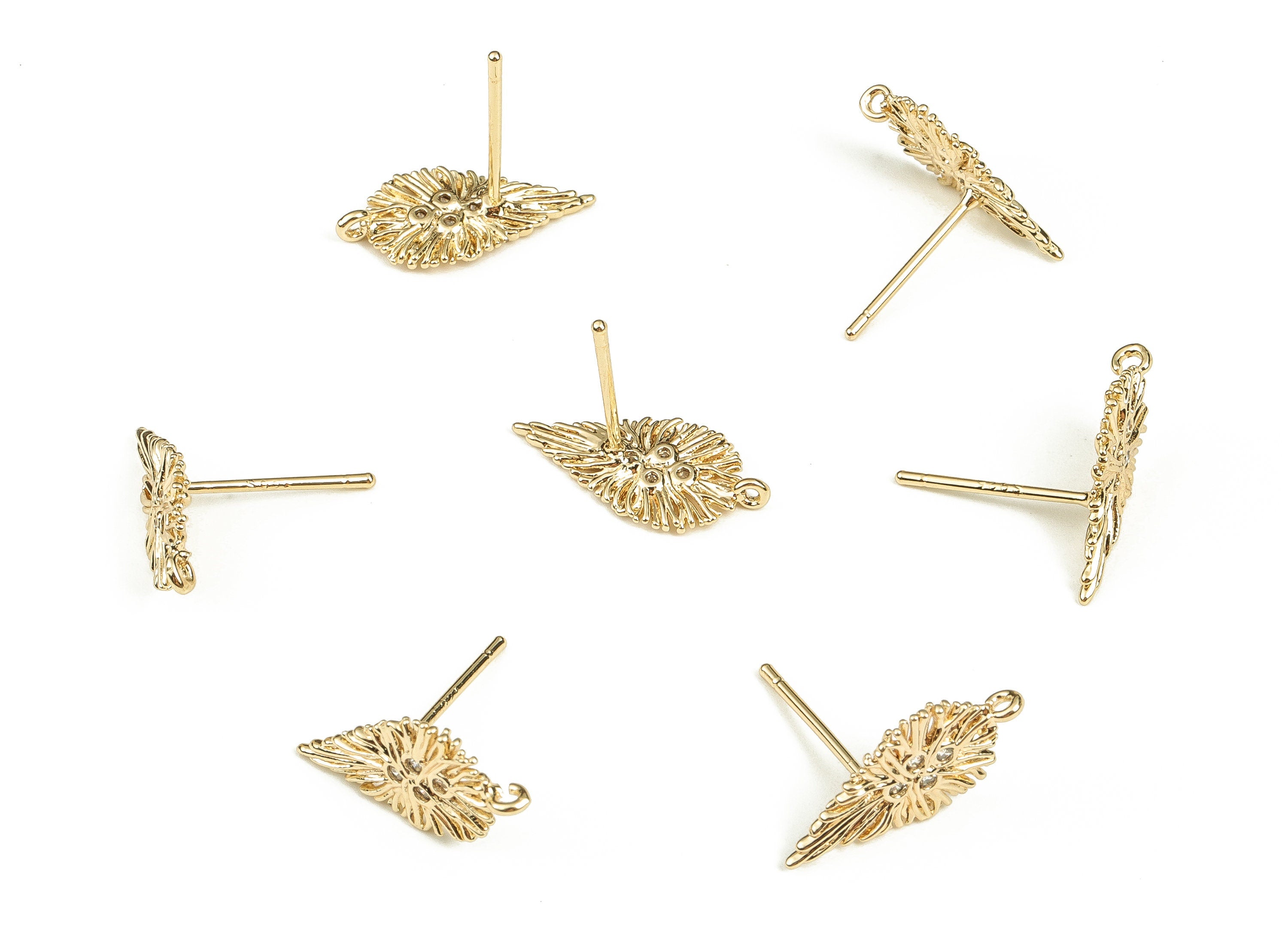 Brass Leaf Earring Stud with Zircon - Gold Plated Leaf Earring Post - Stainless Steel Stud - 18K Real Gold Plated Brass -17x8x1.1mm- RGP3515 - DOMEDBAZAAR