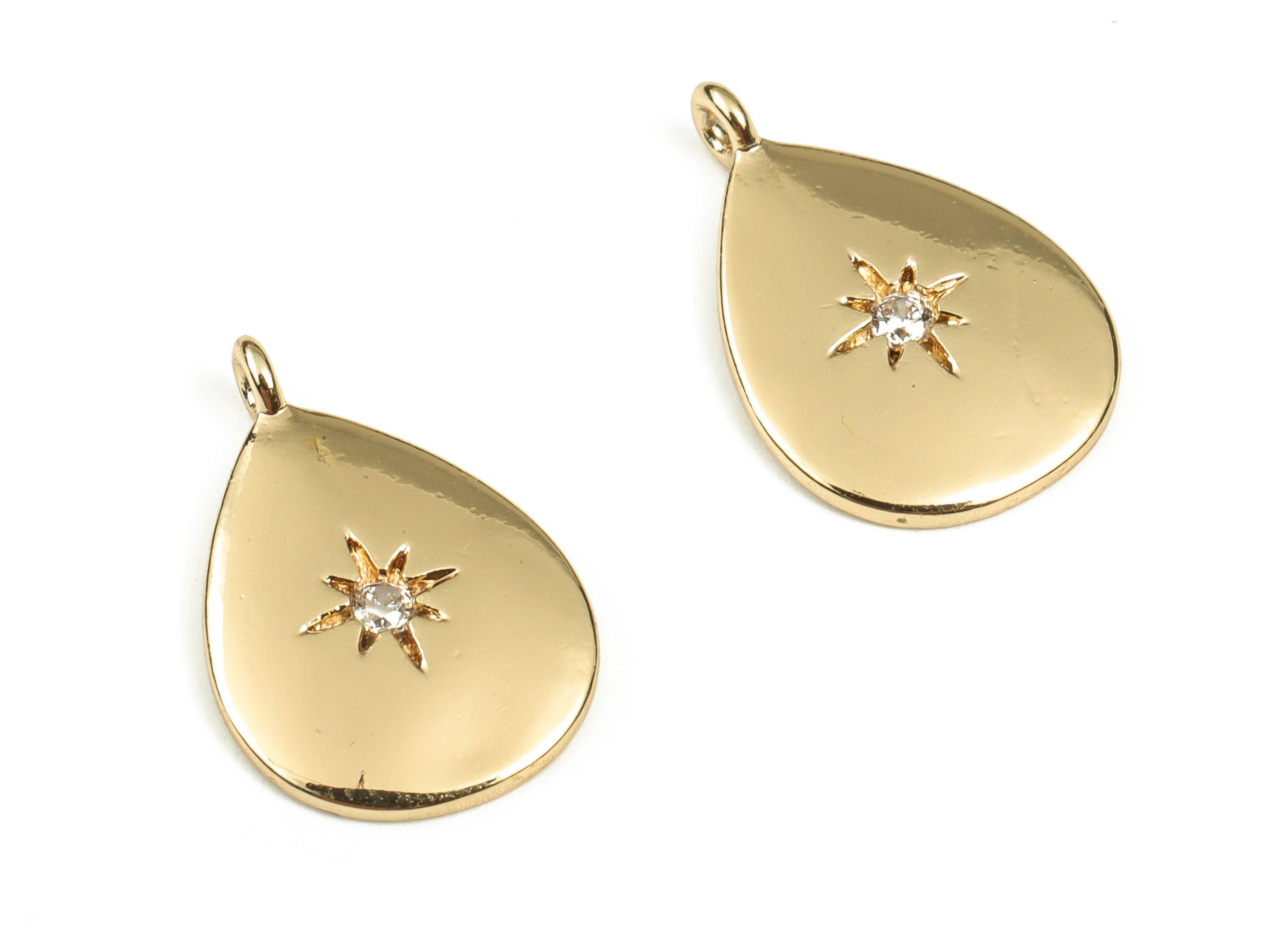 Brass Teardrop Earring Charms With Zircon - Gold Star Pendant - 18K Real Gold Plated Brass - Jewelry Supplies - 14.28x9.55x1.29mm- RGP3376 - DOMEDBAZAAR