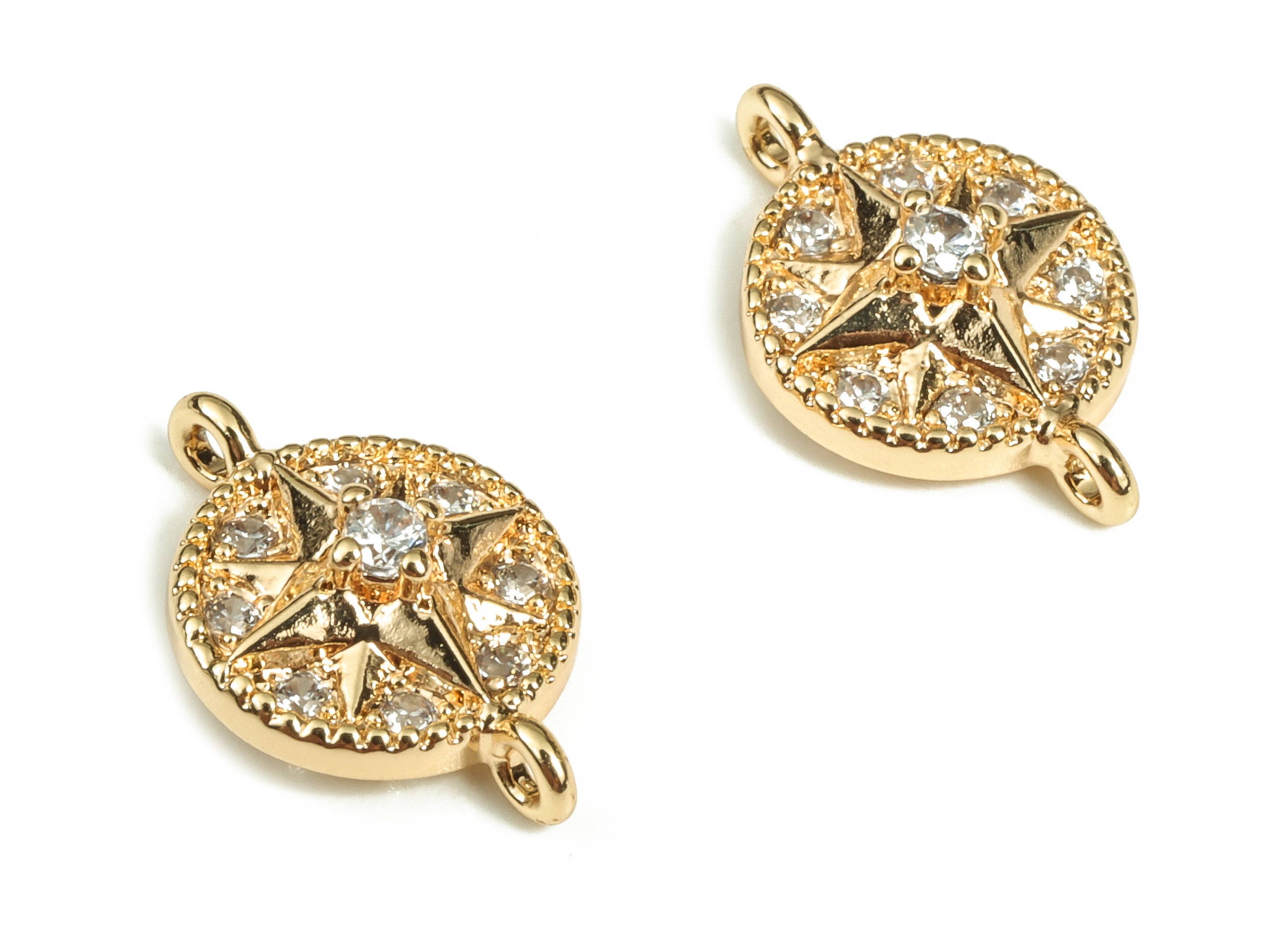 Brass Round Earring Connector With Zircons - Gold Star Pendant - 18K Real Gold Plated Brass - Jewelry Supplies - 13.69x8.86x3.34mm - RGP3622 - DOMEDBAZAAR