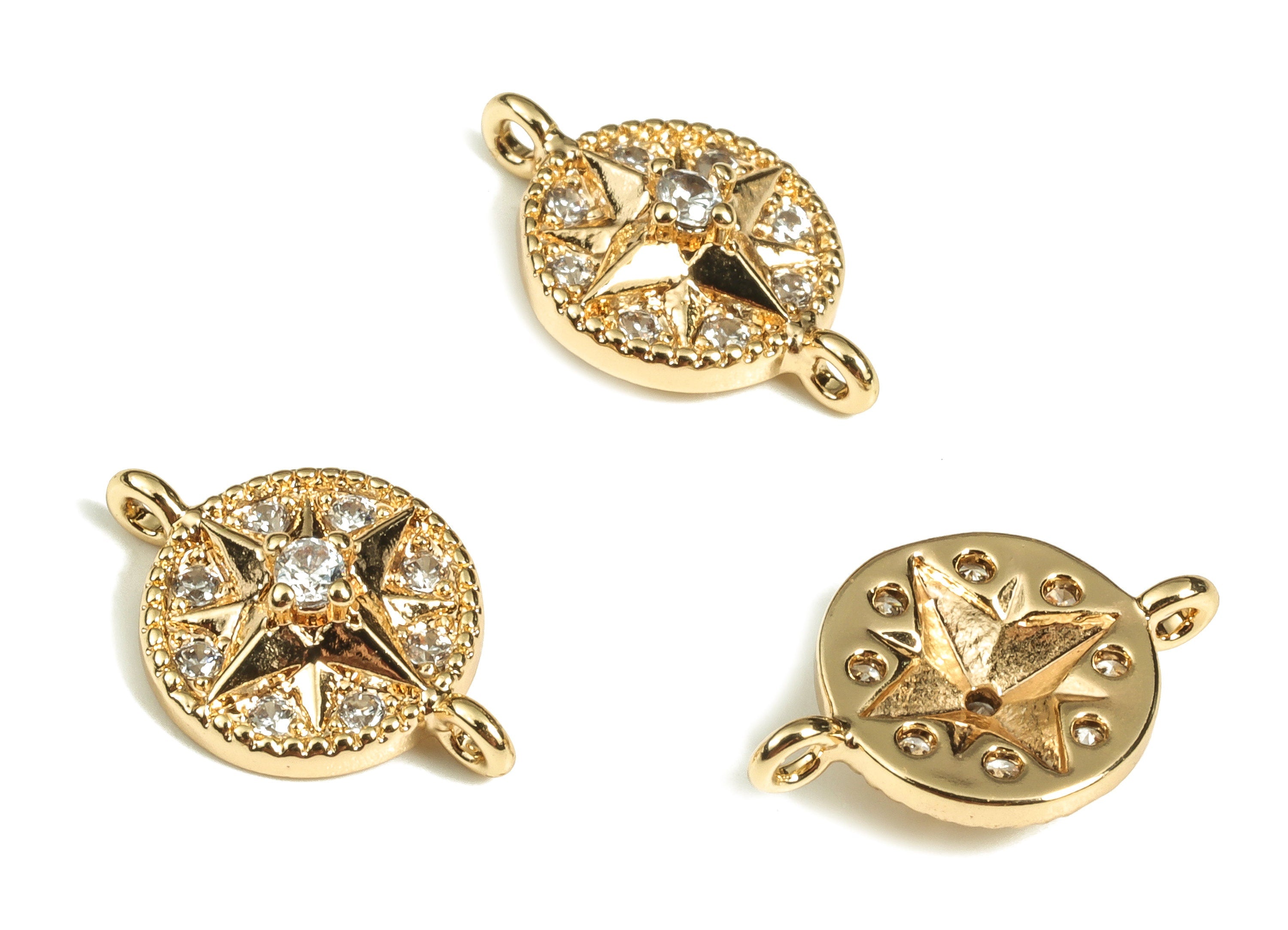 Brass Round Earring Connector With Zircons - Gold Star Pendant - 18K Real Gold Plated Brass - Jewelry Supplies - 13.69x8.86x3.34mm - RGP3622 - DOMEDBAZAAR