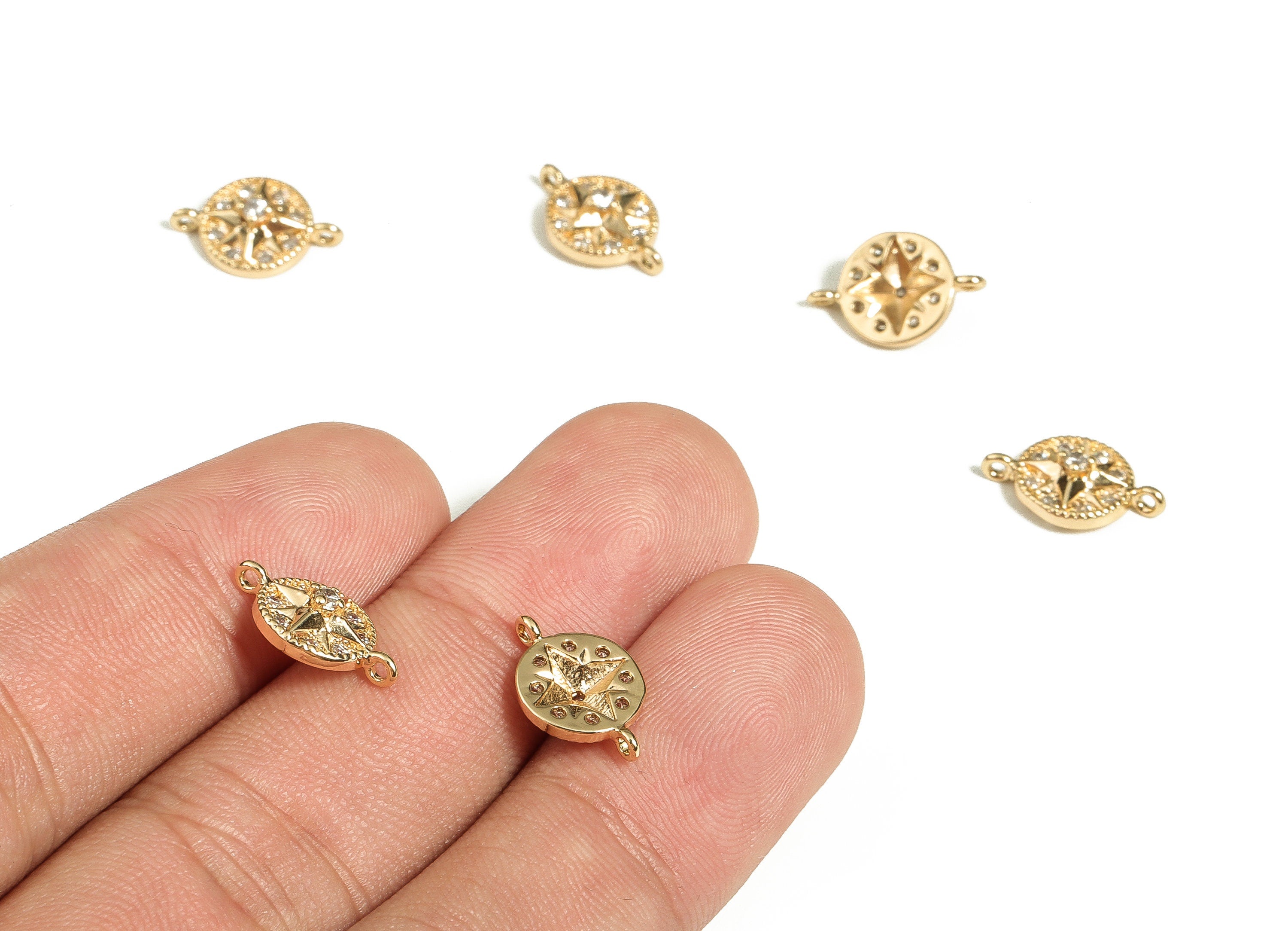 Brass Round Earring Connector With Zircons - Gold Star Pendant - 18K Real Gold Plated Brass - Jewelry Supplies - 13.69x8.86x3.34mm - RGP3622 - DOMEDBAZAAR
