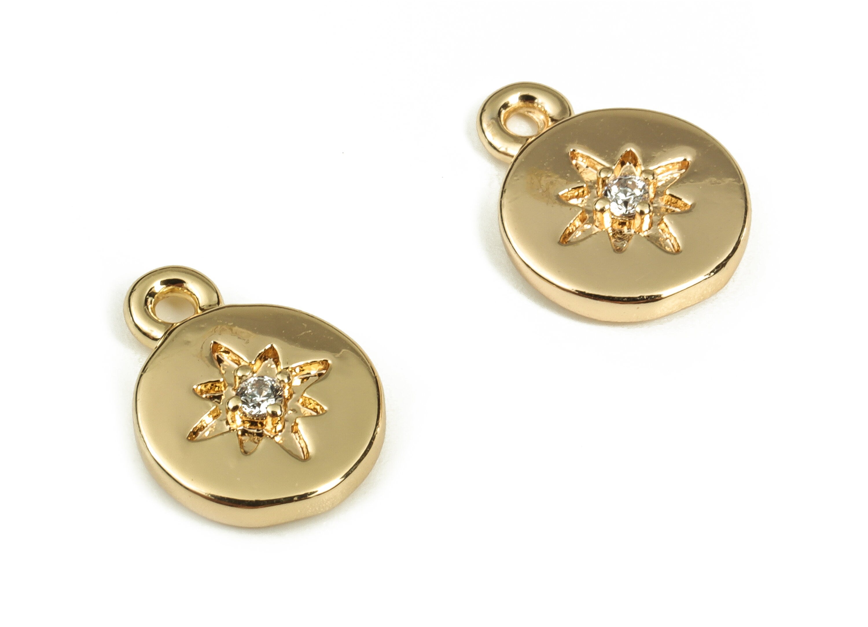 Brass Round Earring Charms With Zircons - Gold Star Pendant - 18K Real Gold Plated Brass - Jewelry Making Supplies - 10.35x8x2.2mm - RGP3513 - DOMEDBAZAAR
