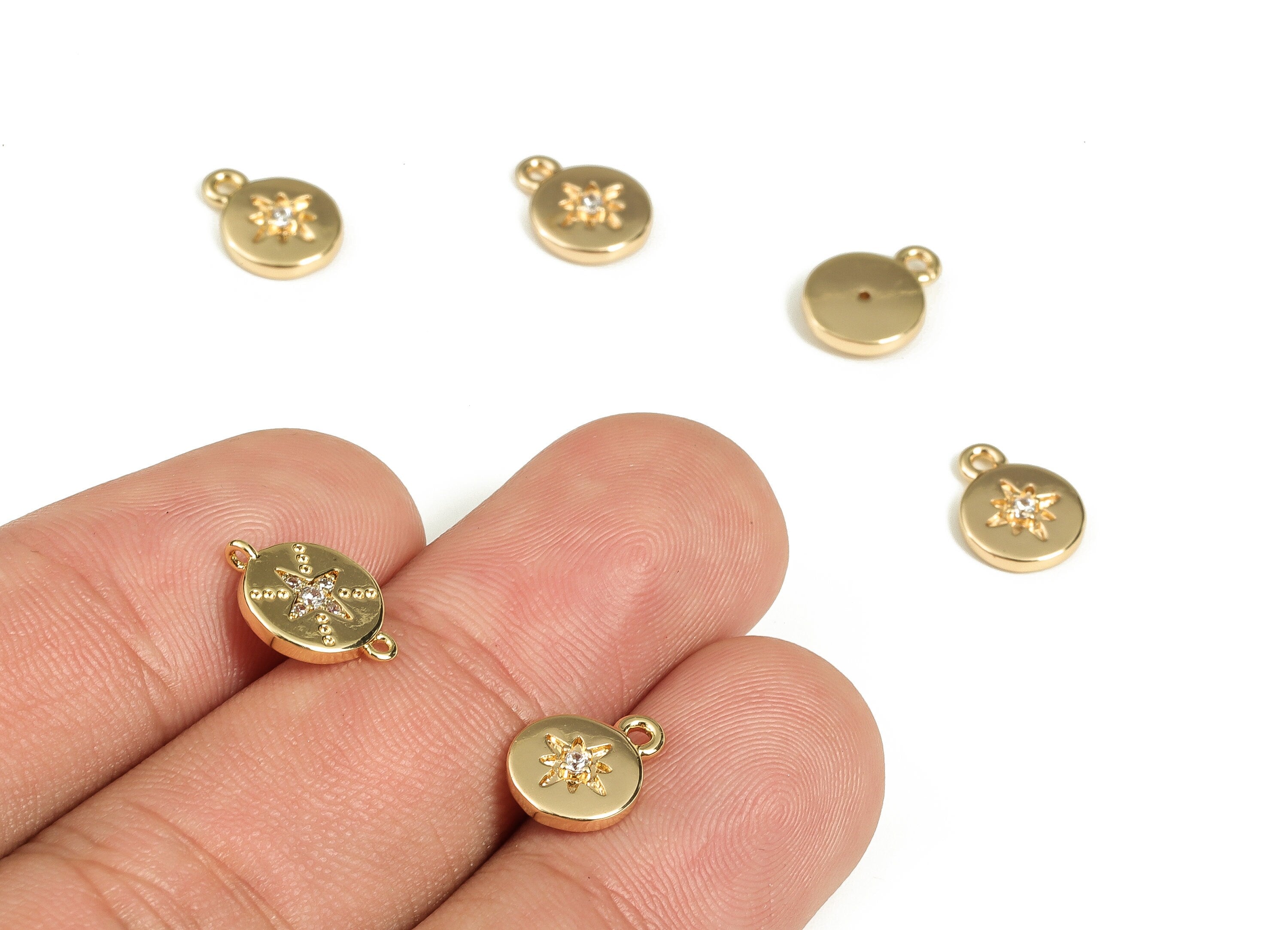 Brass Round Earring Charms With Zircons - Gold Star Pendant - 18K Real Gold Plated Brass - Jewelry Making Supplies - 10.35x8x2.2mm - RGP3513 - DOMEDBAZAAR
