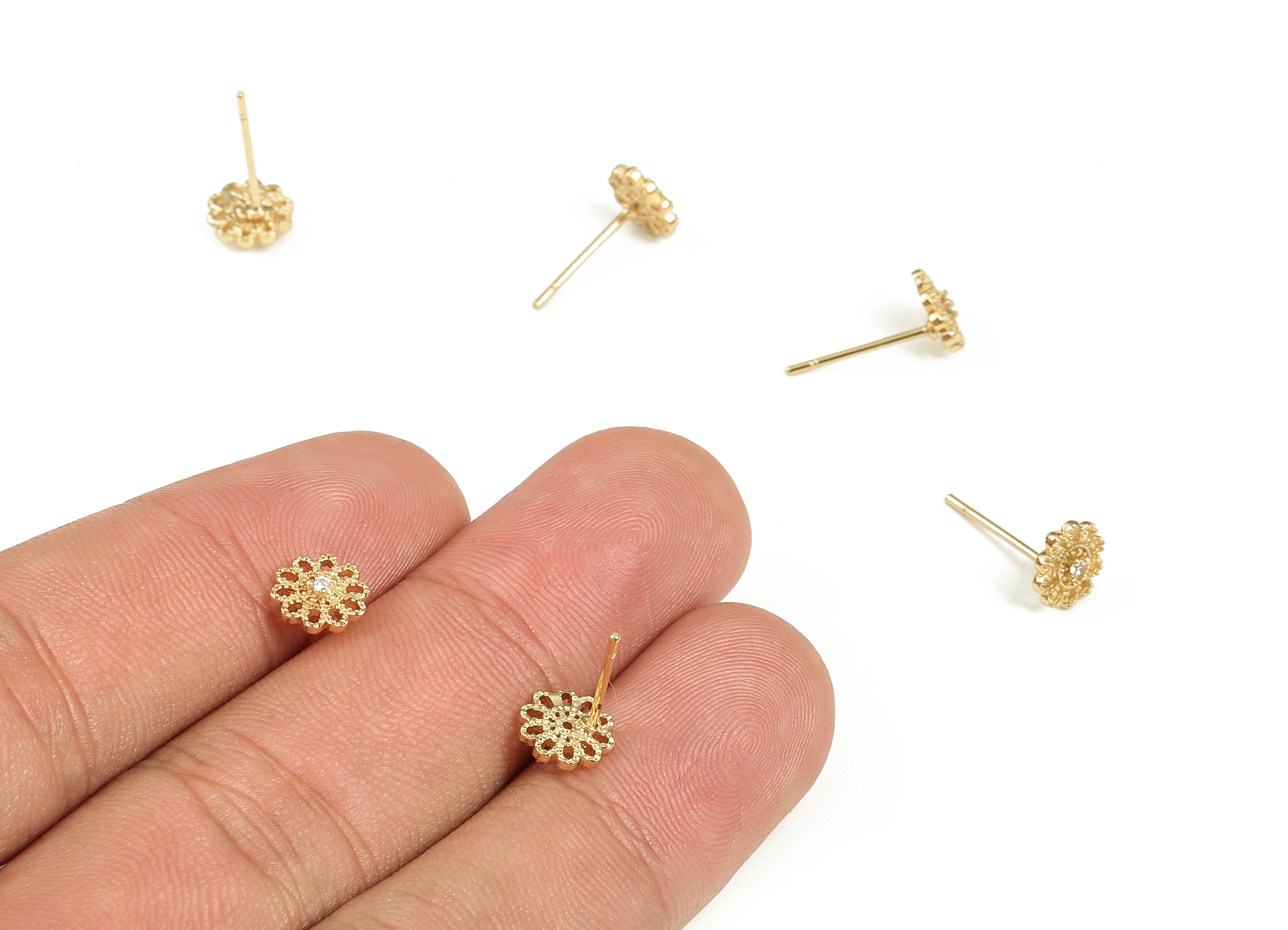 Brass Flower Earring Post With Zircon - Gold Flower Earring Stud - 18K Real Gold Plated Brass - Brass Stud - 7.35x7x 2.6mm - RGP3463 - DOMEDBAZAAR