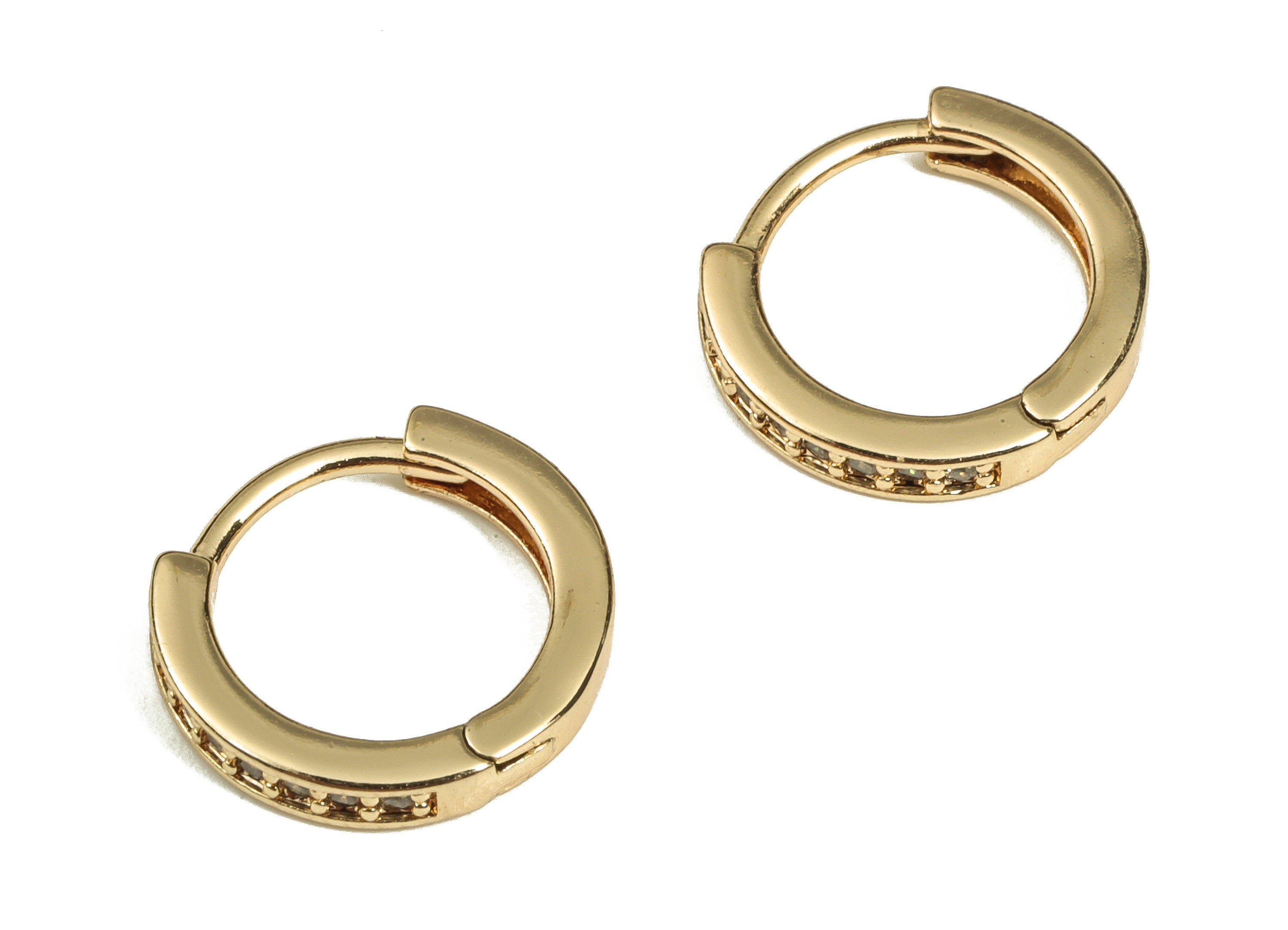 Brass Round Huggie Hoop Earrings -Brass Hoops with Zircons- 18K Gold Plated Brass - Jewelry Making Supplies -12.23x11.5x2.23mm- RGP3624 - DOMEDBAZAAR