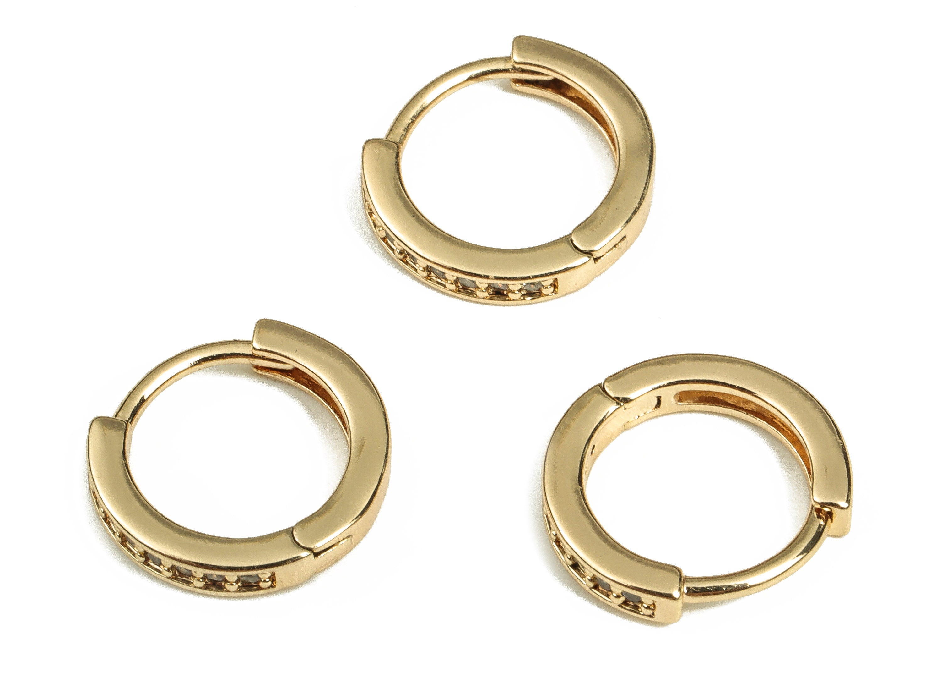Brass Round Huggie Hoop Earrings -Brass Hoops with Zircons- 18K Gold Plated Brass - Jewelry Making Supplies -12.23x11.5x2.23mm- RGP3624 - DOMEDBAZAAR