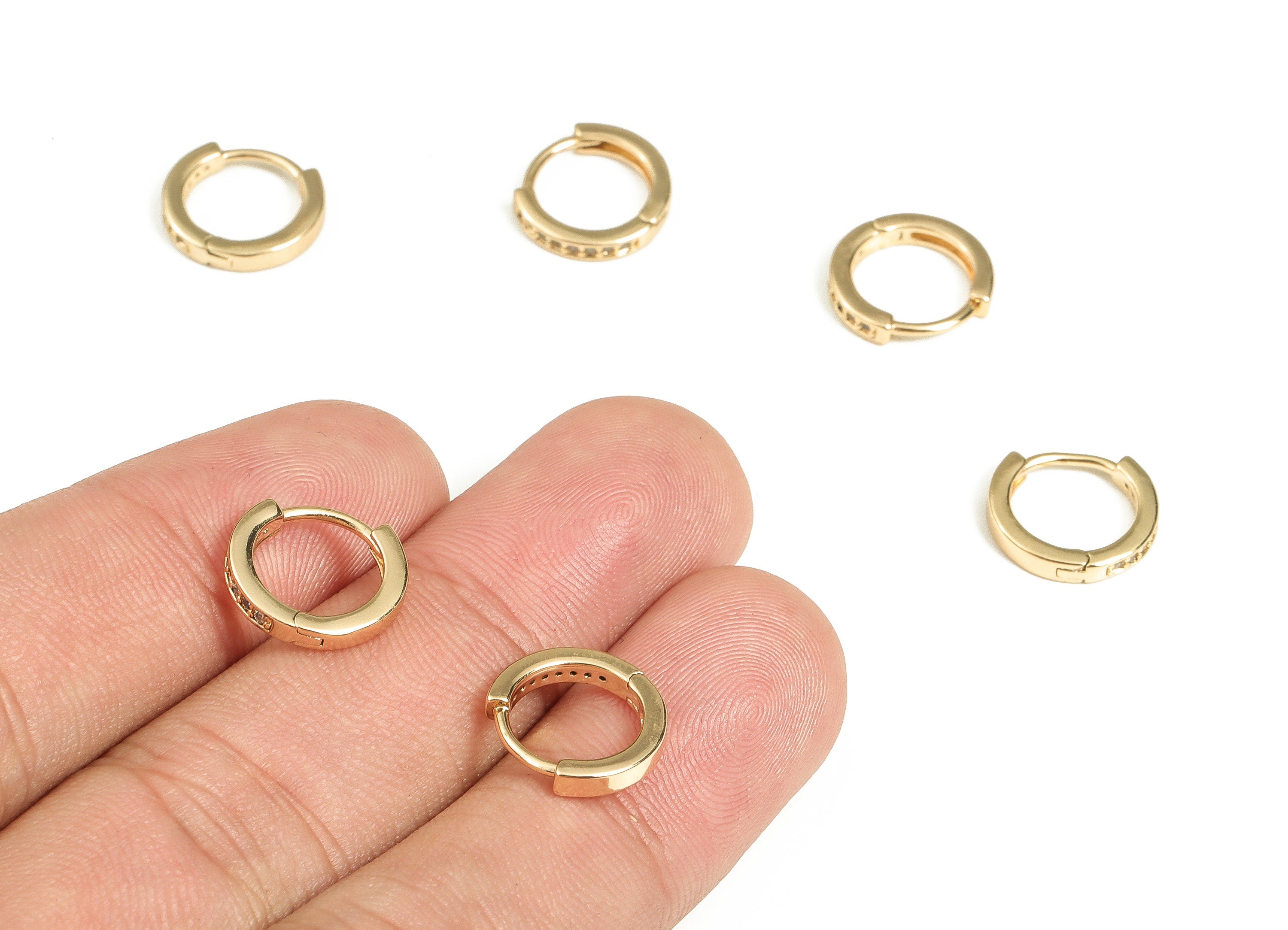 Brass Round Huggie Hoop Earrings -Brass Hoops with Zircons- 18K Gold Plated Brass - Jewelry Making Supplies -12.23x11.5x2.23mm- RGP3624 - DOMEDBAZAAR