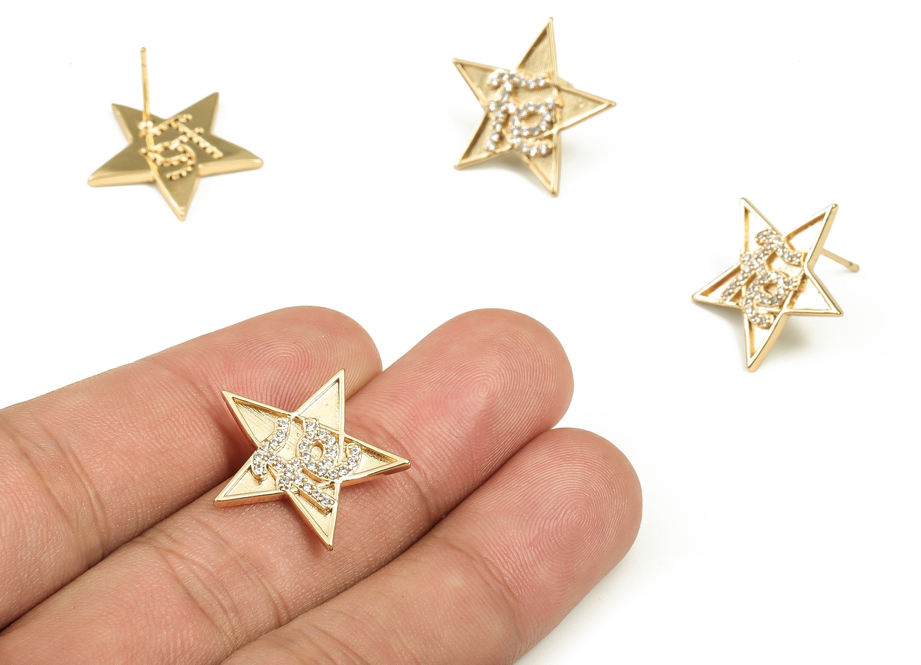 Brass Star Earring Post With Zircons - Gold Star Earring Stud - 18K Real Gold Plated Brass - Stainless Steel Stud - 19.87x21x2.1mm - RGP3725 - DOMEDBAZAAR