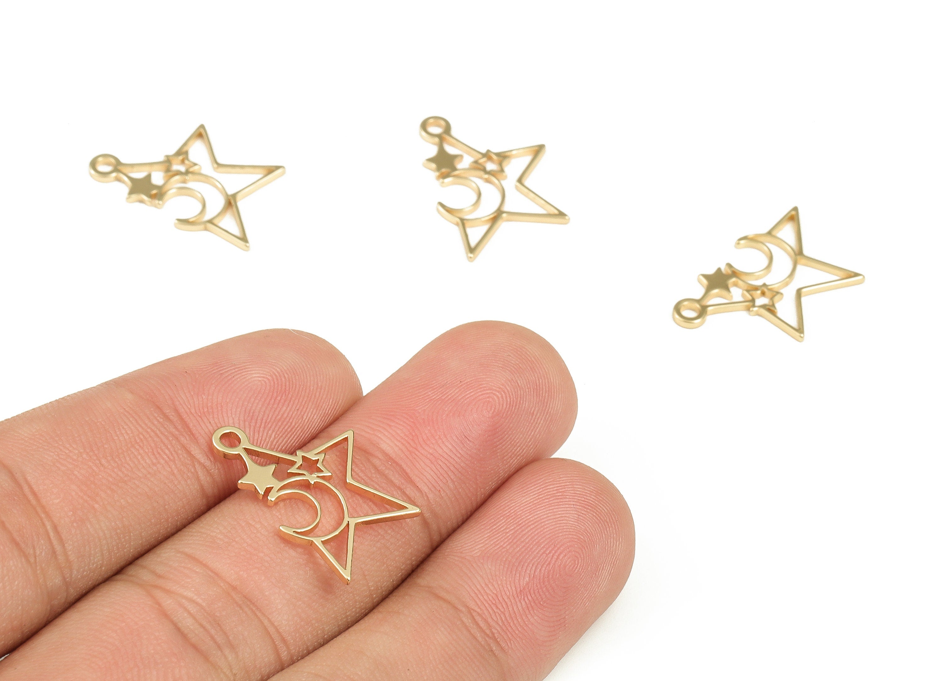Brass Star Earring Charms - Gold Moon Pendant - 18K Real Gold Plated Brass - Jewelry Making Supplies - 20.05x18.53x0.99mm - RGP3732 - DOMEDBAZAAR